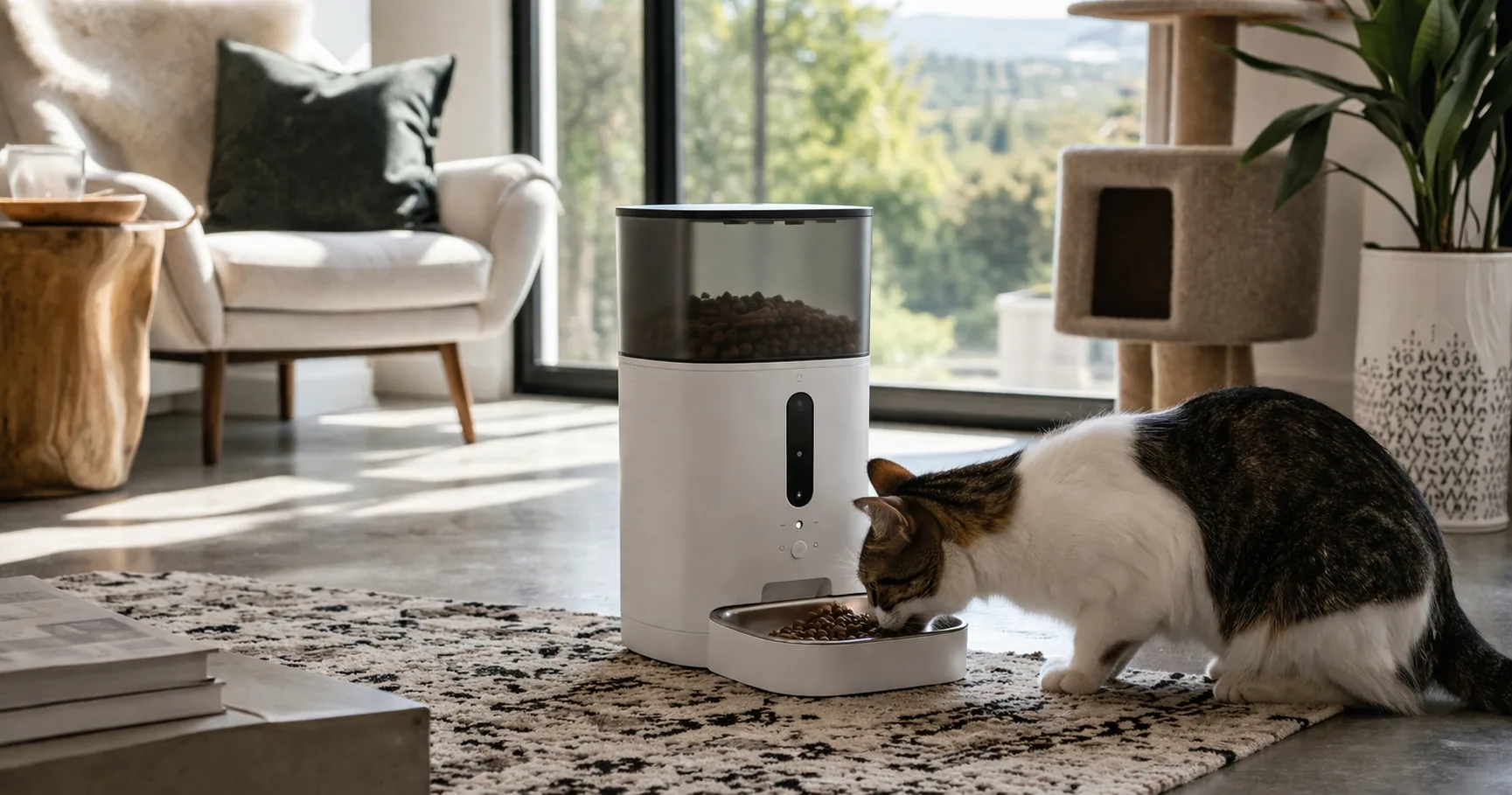 Several automatic cat feeders lined up on a kitchen floor beside a food bowl