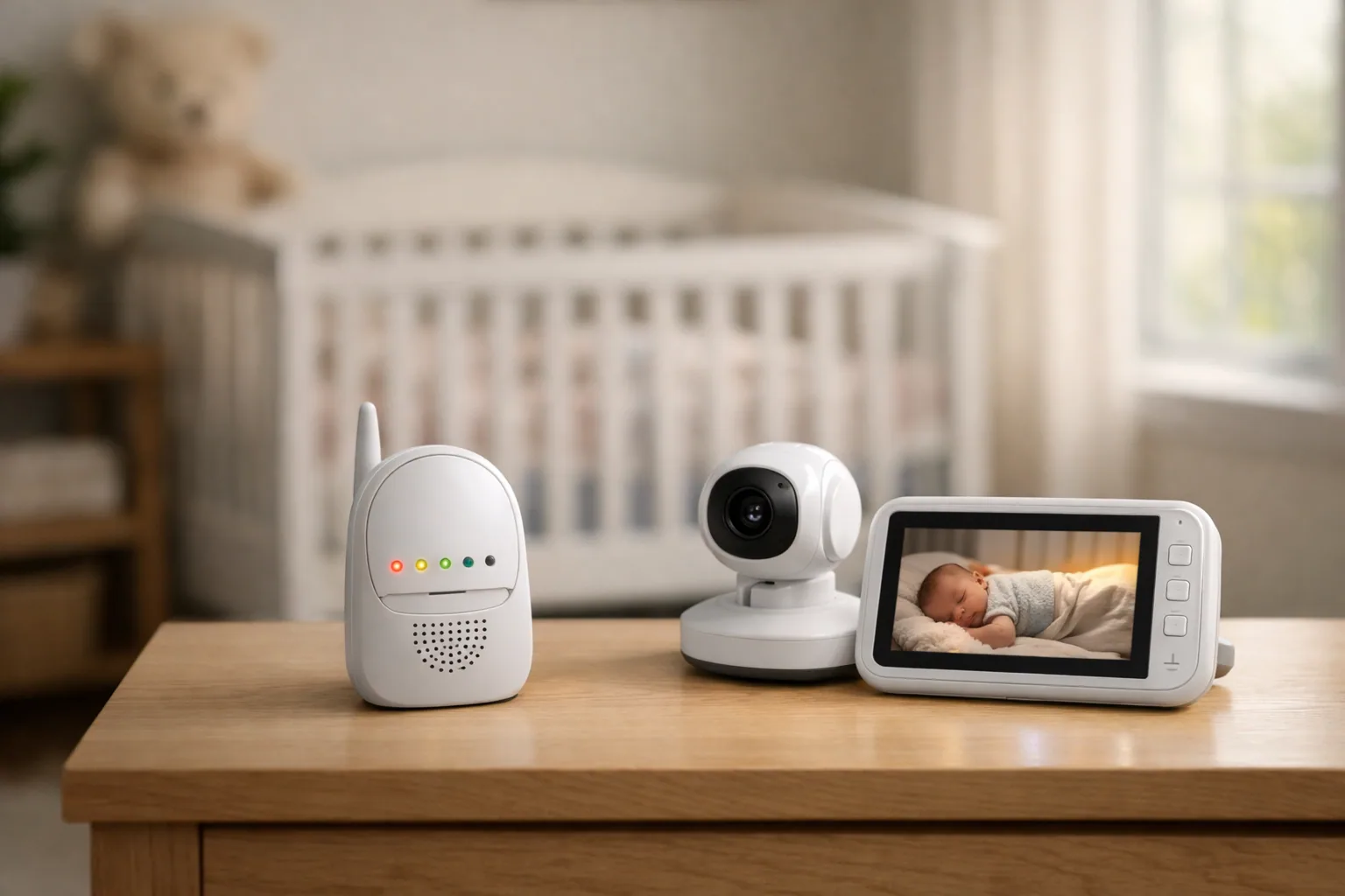Several baby monitors arranged on a shelf, including audio and video parent units with screens