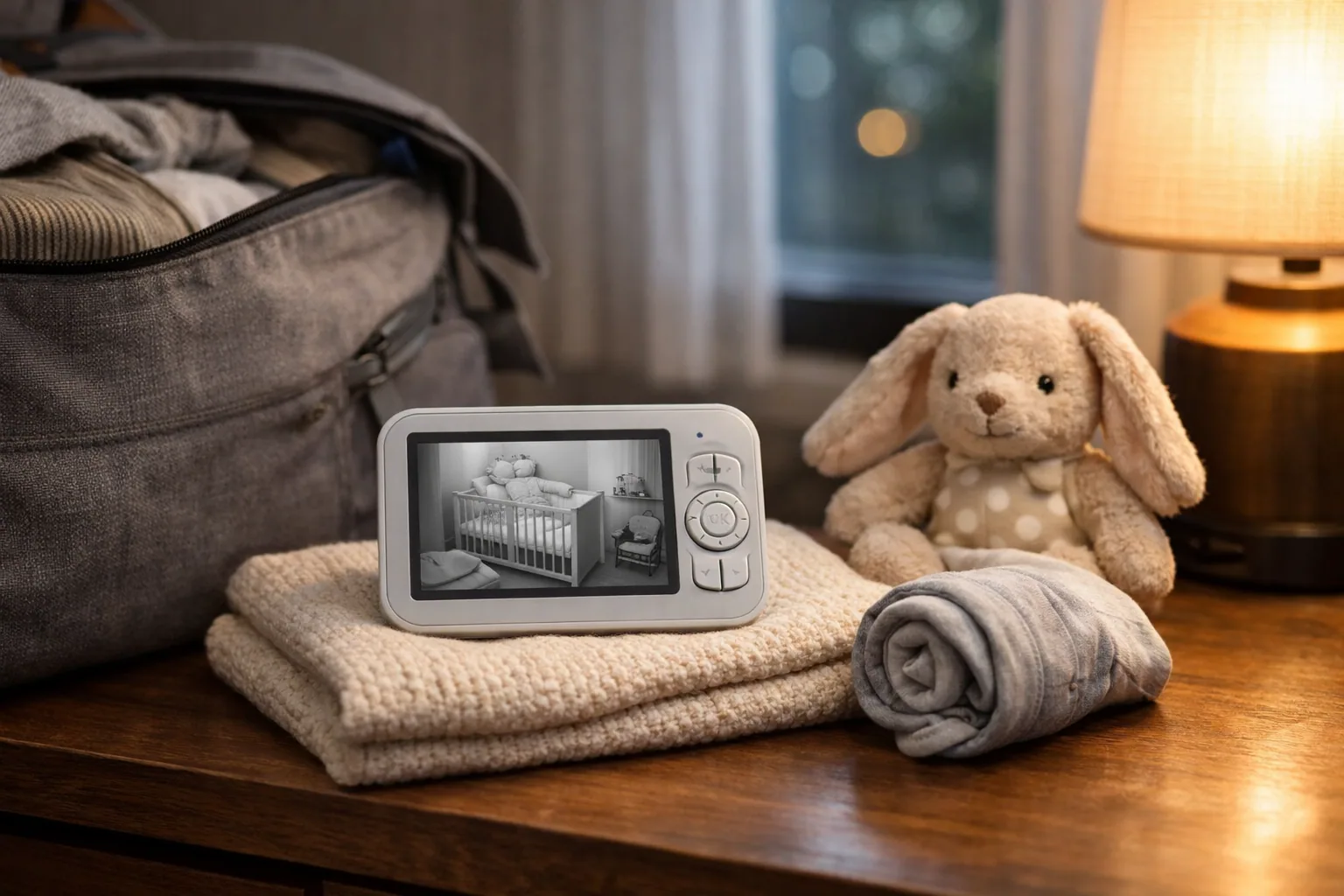 Portable baby monitor with parent unit packed in a diaper bag beside a hotel crib