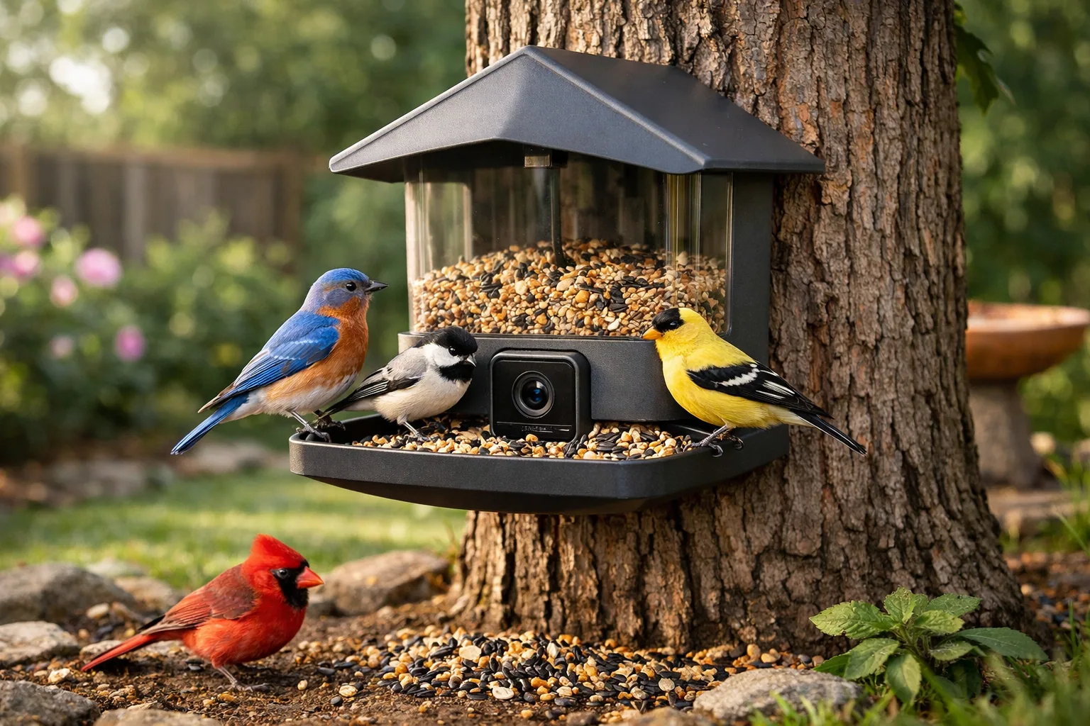 A smart bird feeder with a built-in camera mounted on a pole in a leafy backyard