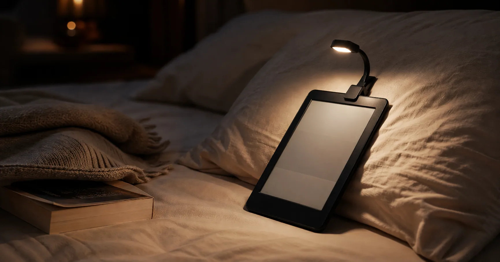 Clip-on book light attached to a Kindle e-reader on a dark nightstand