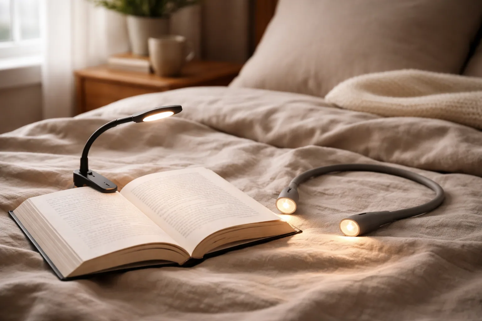 A clip-on reading light glowing warmly on an open book in a dim bedroom