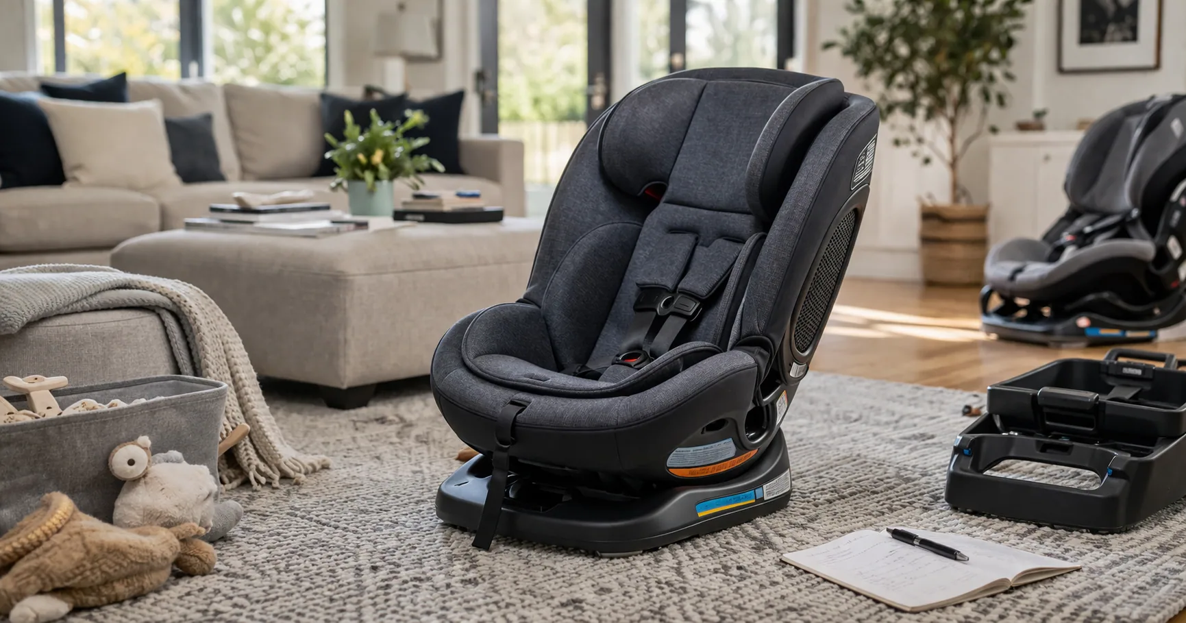 Several convertible car seats installed across a vehicle back seat