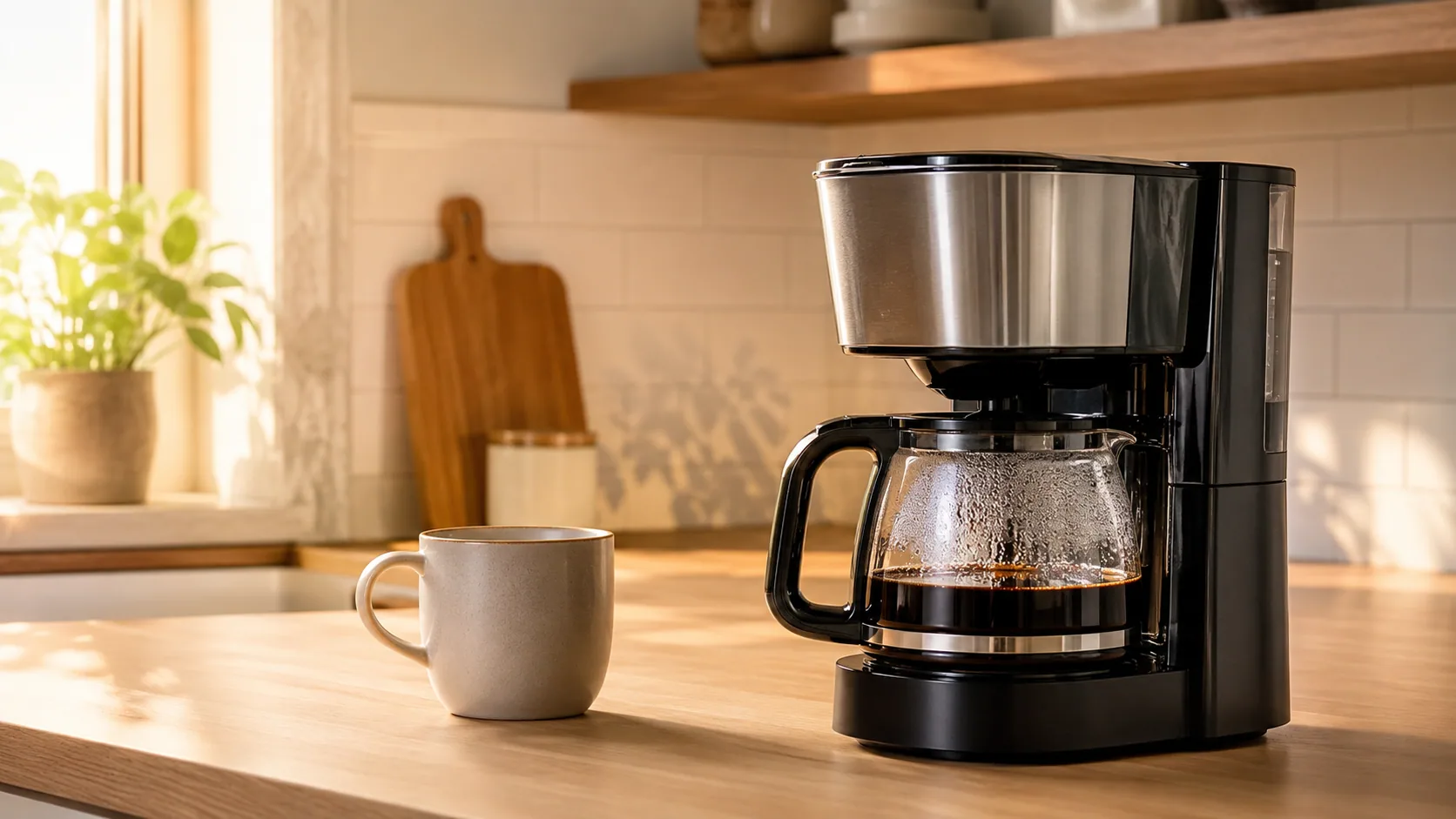 A drip coffee maker on a kitchen counter pouring a fresh pot beside an empty mug