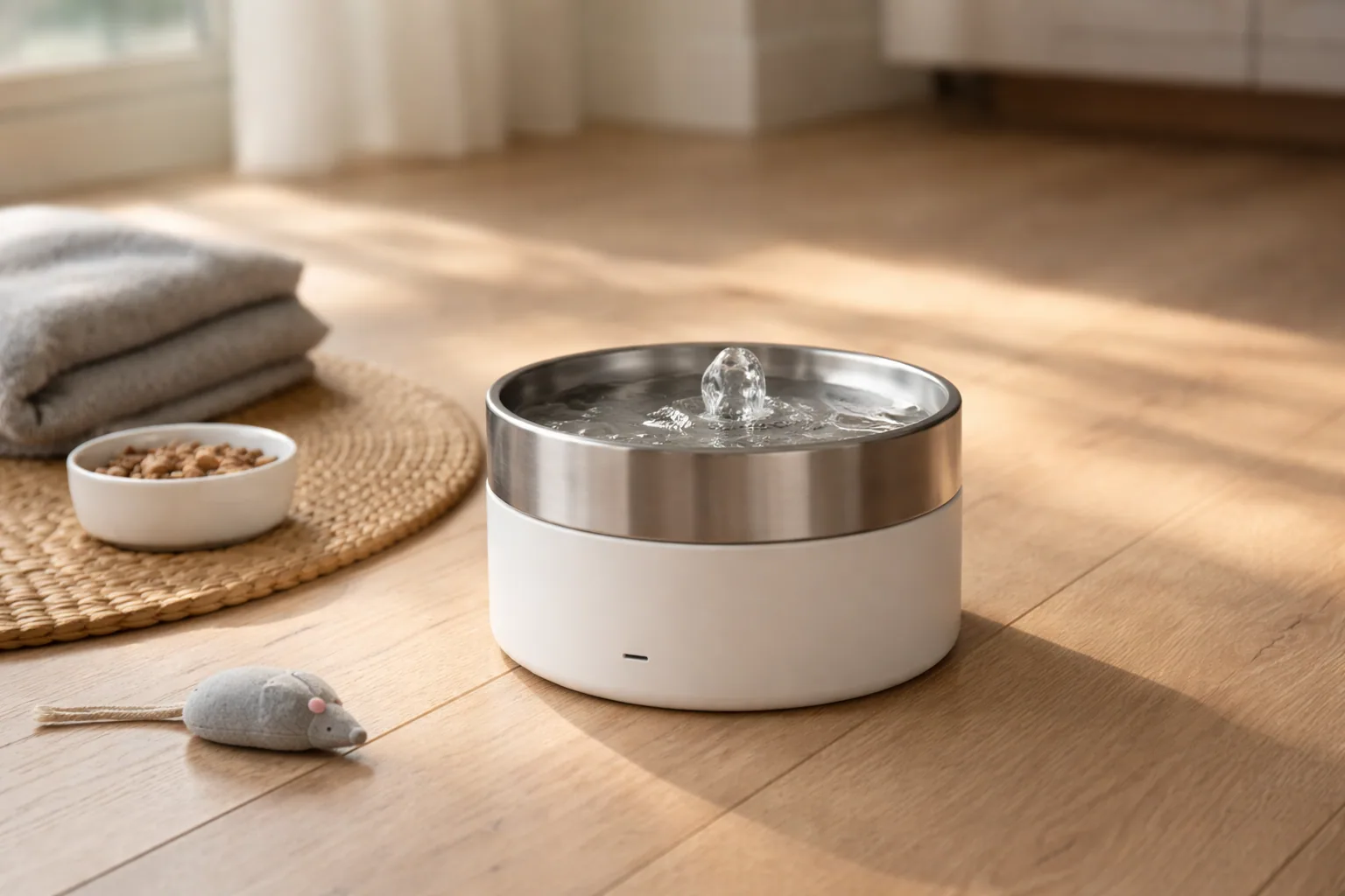 Cordless cat water fountain on a kitchen floor with a cat drinking from the stainless steel tray
