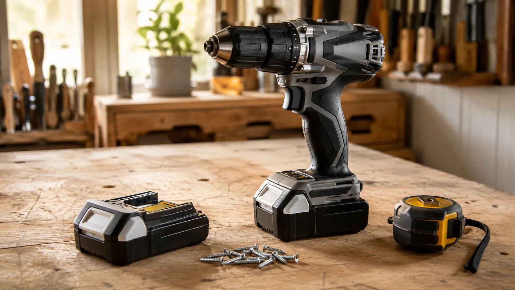A cordless drill driver on a workbench beside a battery, screws, and a folded tape measure