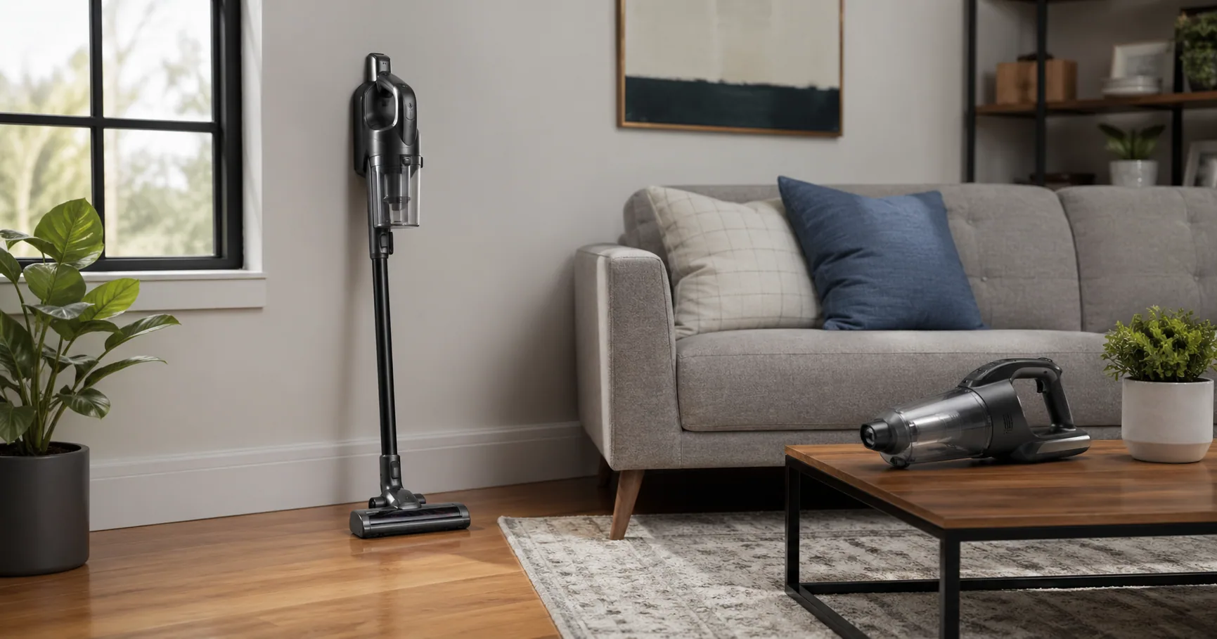 Cordless stick vacuum leaning on a wall dock beside a hardwood hallway