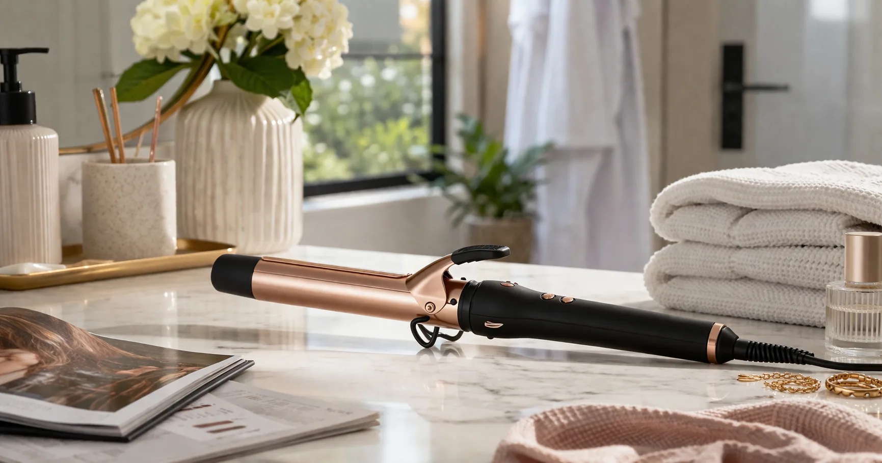 Several curling irons arranged on a vanity beside a mirror