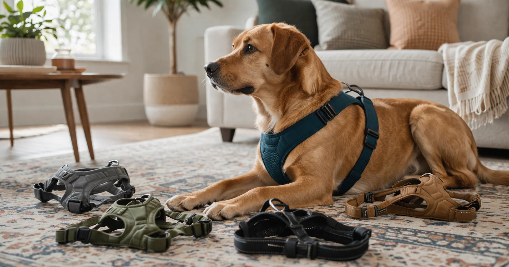 A dog wearing a padded walking harness on a leash outdoors