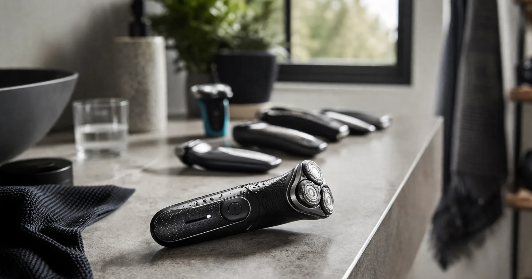 Several electric razors arranged on a bathroom counter near a sink