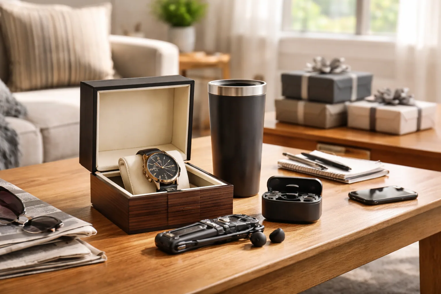 A wrapped Father's Day gift with a card on a wooden table