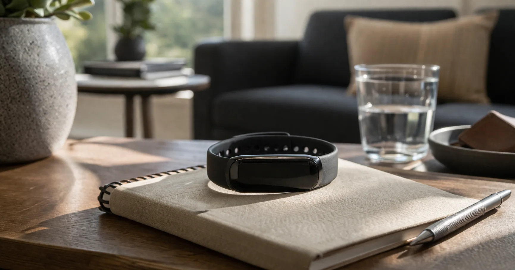 A fitness tracker on a wrist showing heart rate during a workout