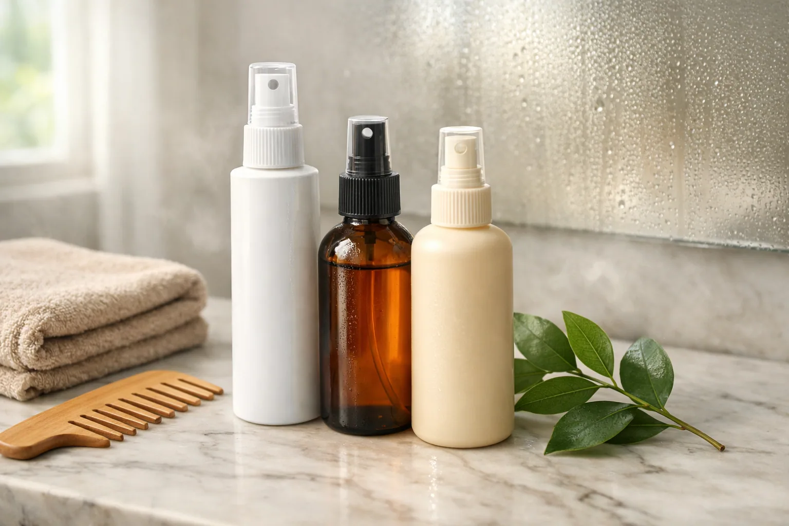 Five frizz control sprays for curly hair lined up on a bathroom shelf beside a wide-tooth comb