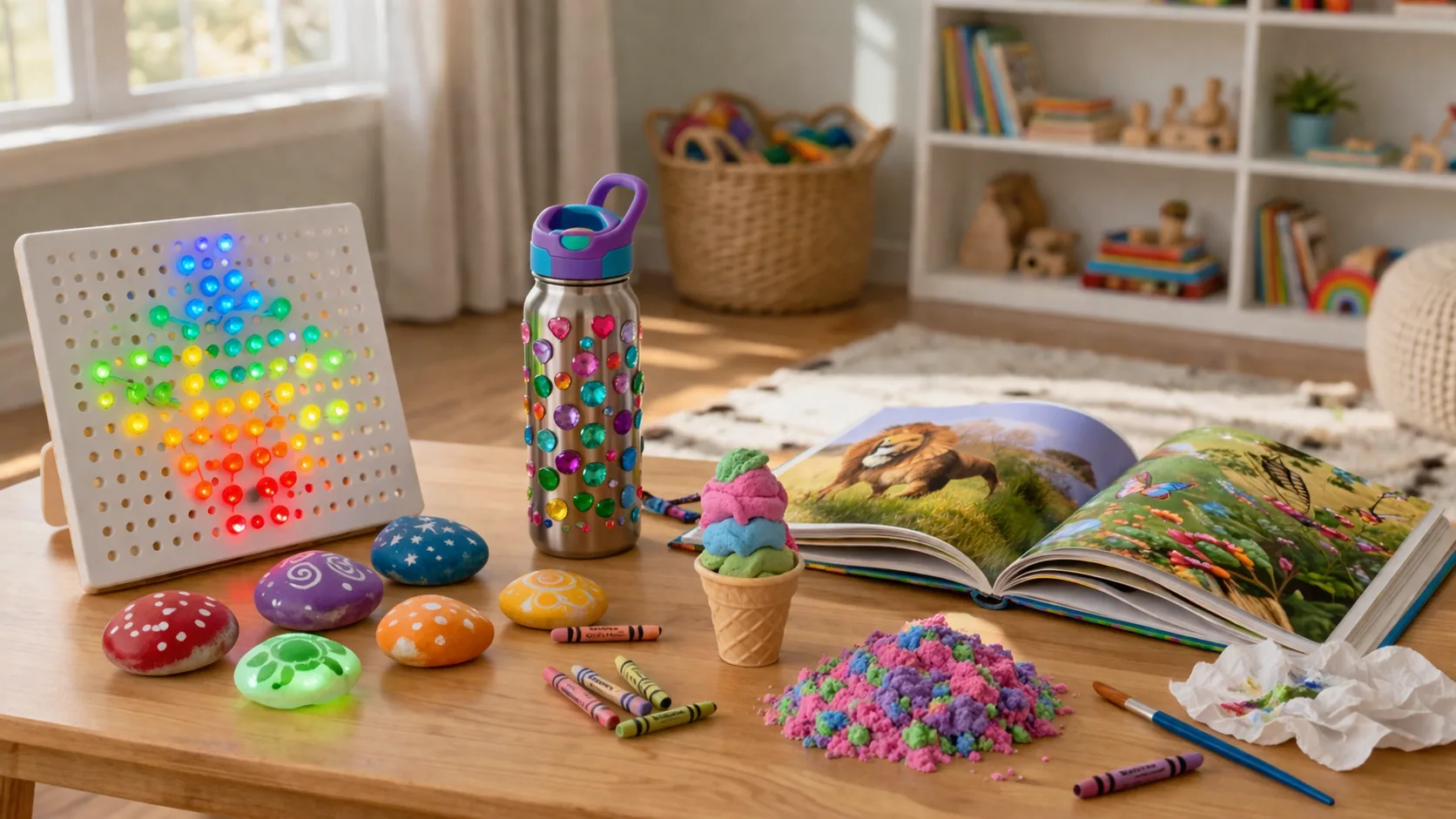 A spread of gifts for five-year-olds including a craft kit, kinetic sand, a light-up toy, and a picture book