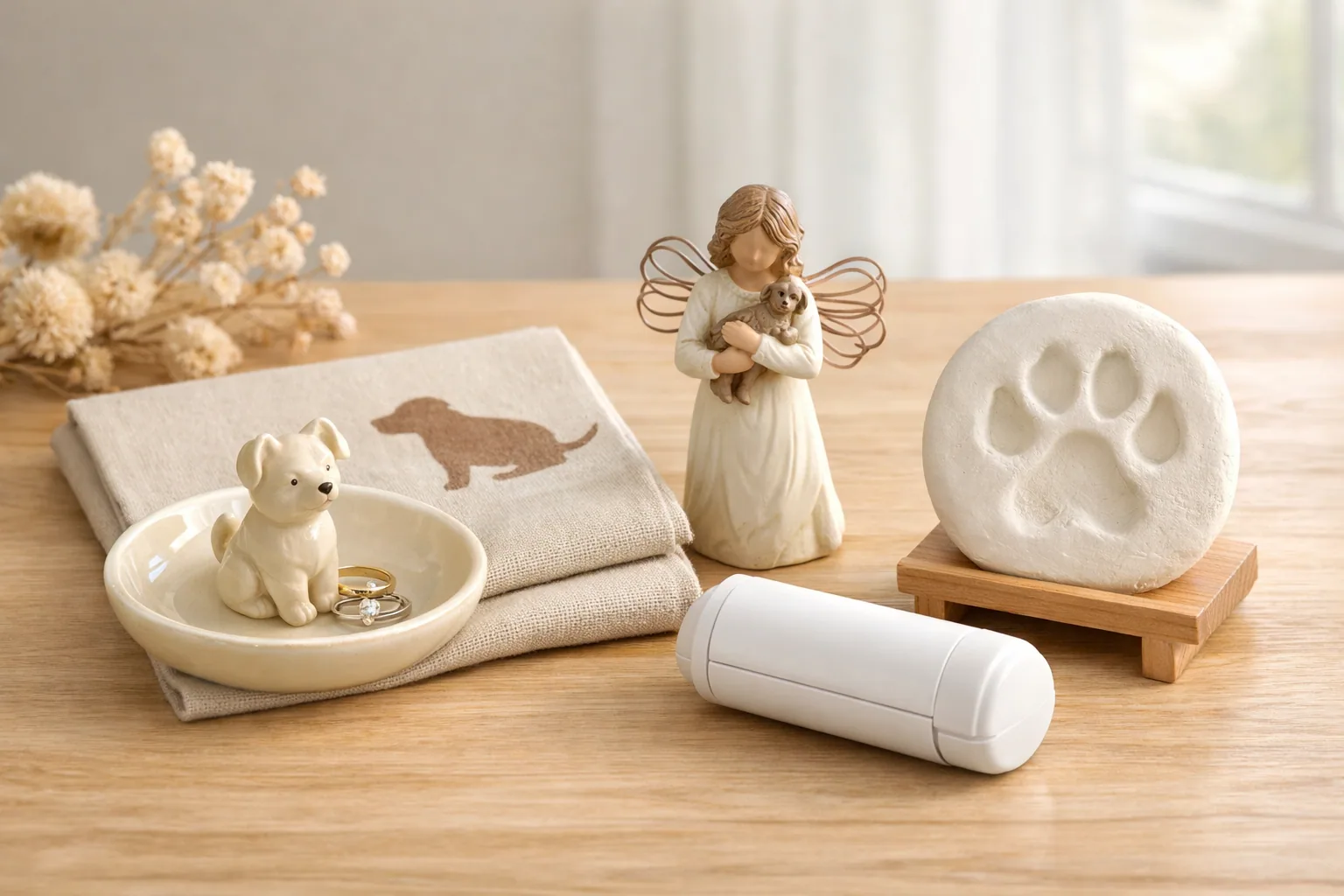 A dog-themed jewelry dish, a keepsake figurine, and a folded towel on a shelf