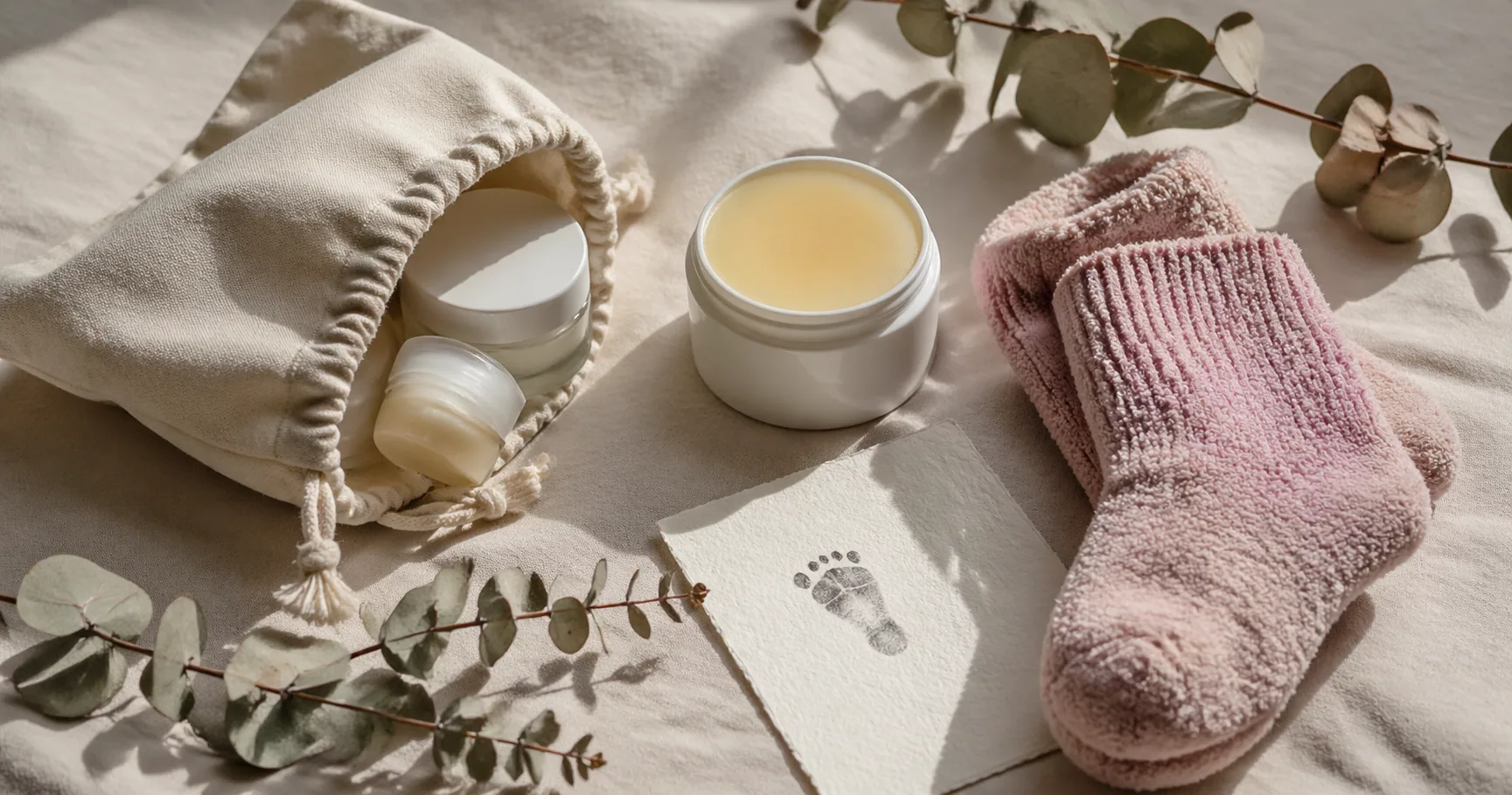 New mom gift set with postpartum care products, cozy socks, and a keepsake print kit