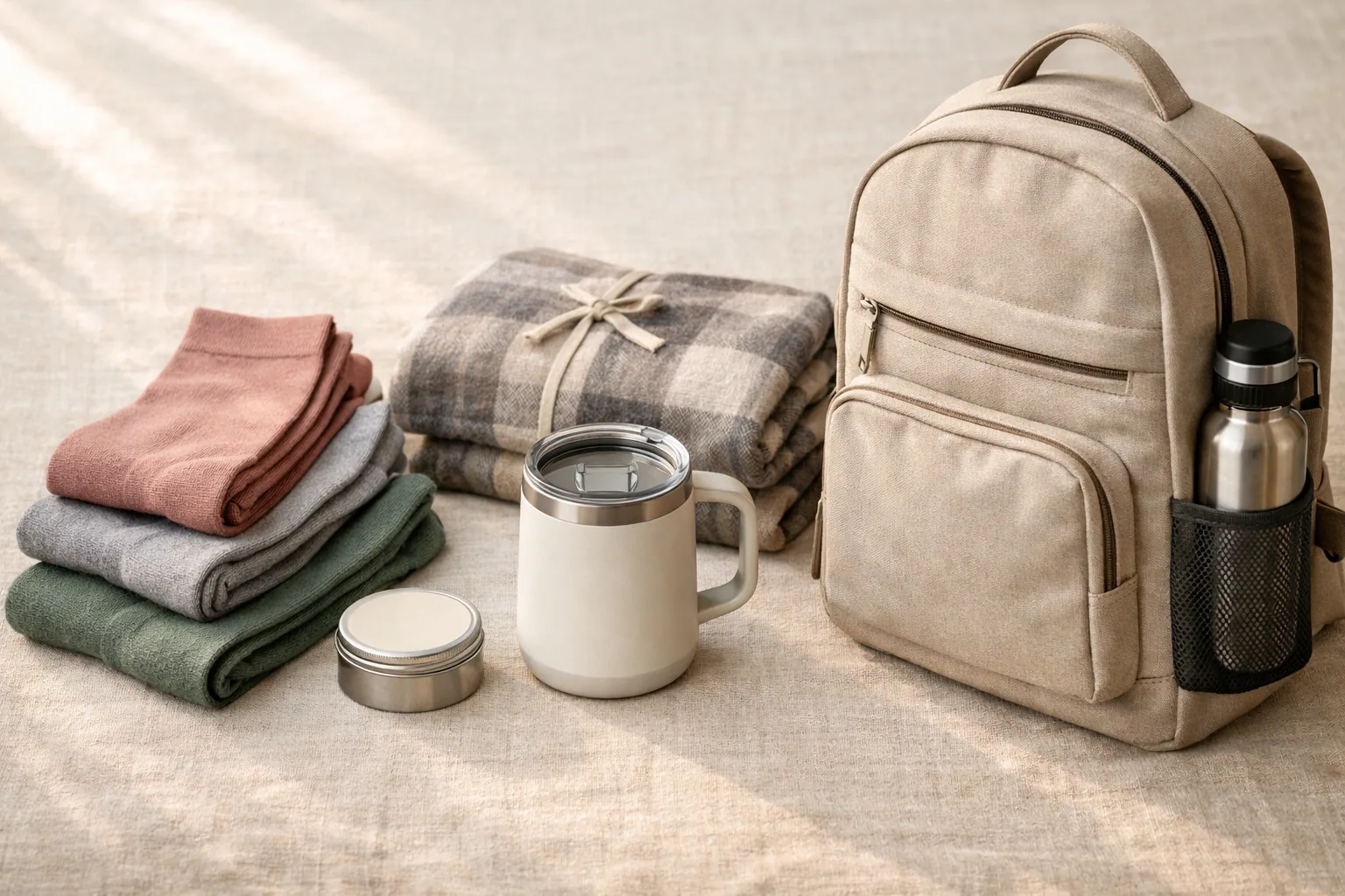 Collection of nurse appreciation gifts including compression socks, hand cream, water bottle, heating pad, and backpack