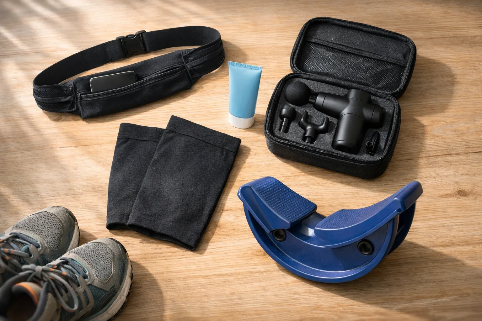 Running accessories laid out on a wooden bench, including a waist belt and recovery tools