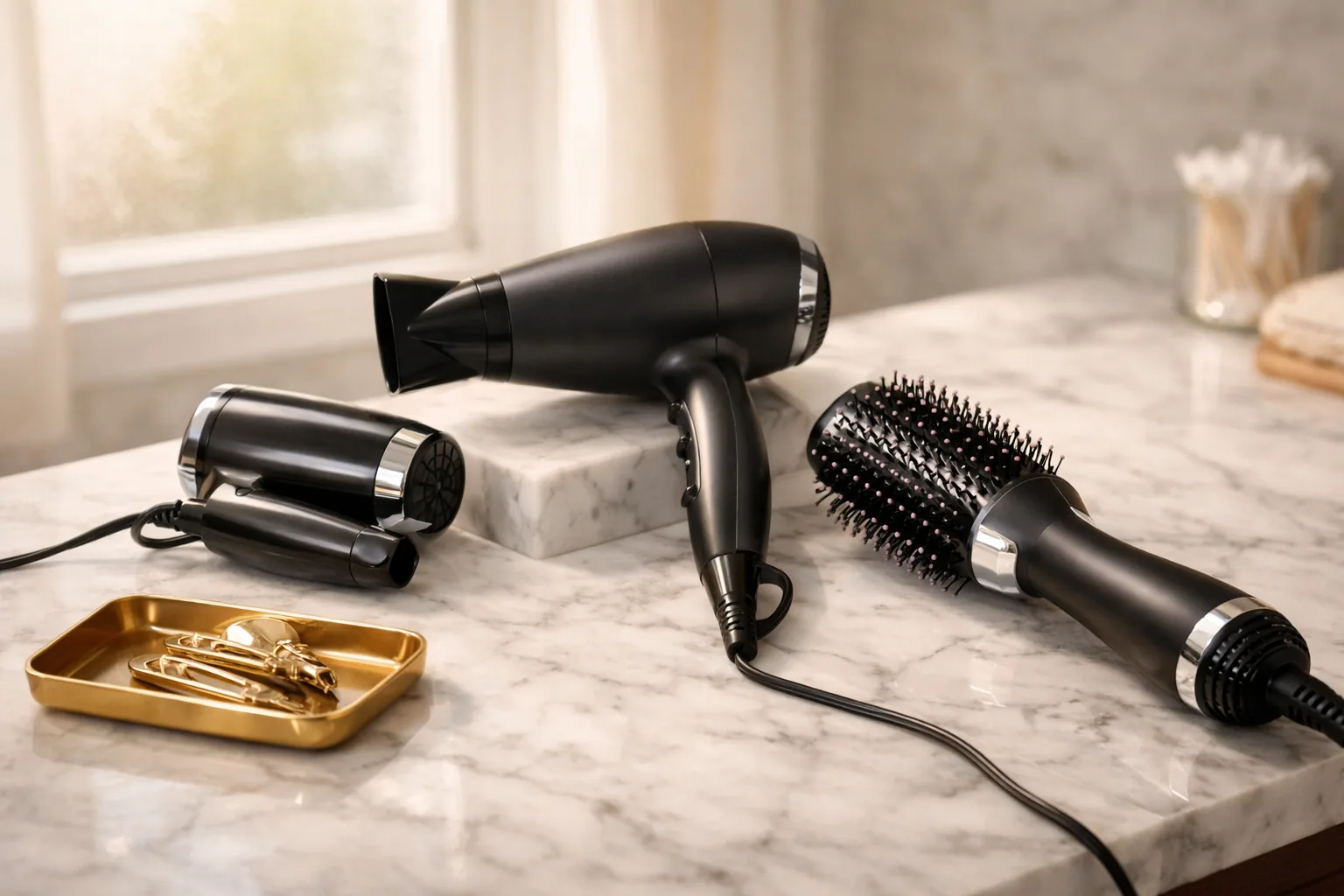 Several hair dryers and styling brushes arranged on a bright bathroom counter