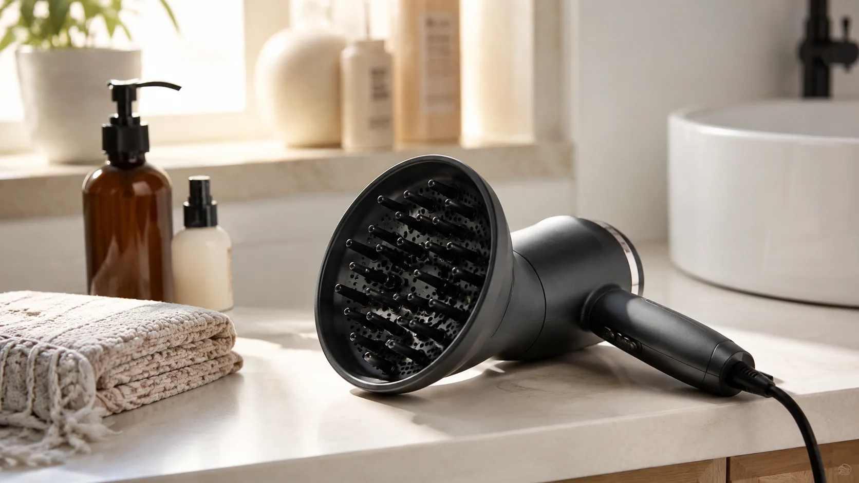 A hair dryer with a diffuser attachment on a bathroom counter beside a towel and styling products