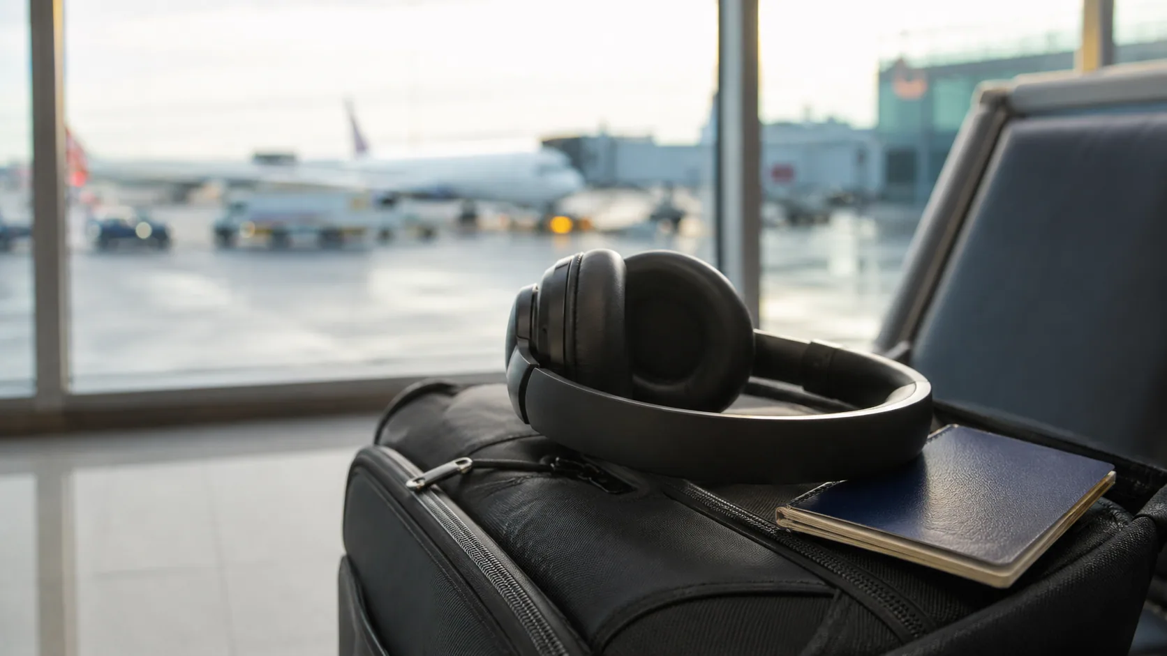 Over-ear headphones resting on a packed carry-on bag beside a passport near an airport window