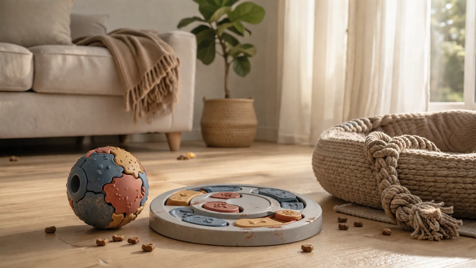 Interactive dog toys including a puzzle feeder, treat balls, and a fetch stick arranged on the floor