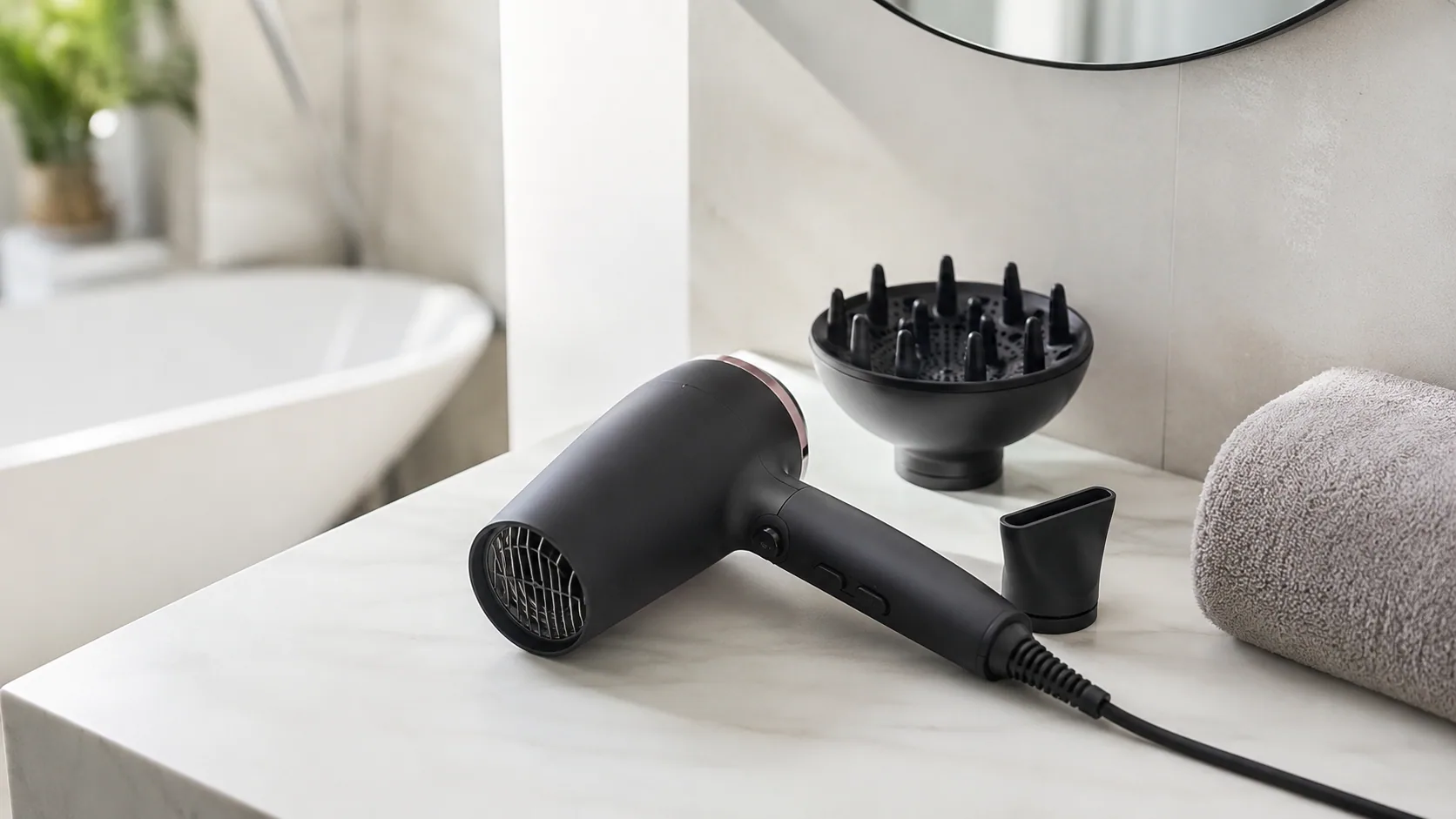 An ionic hair dryer with nozzle attachments laid out on a clean bathroom shelf in soft light