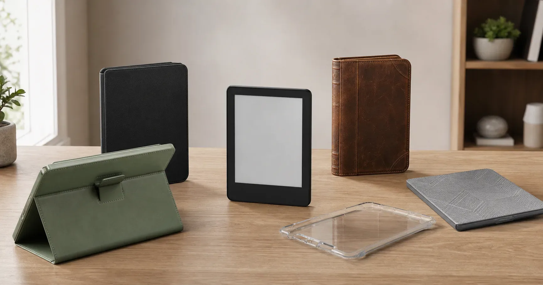 Kindle Paperwhite e-reader with five protective case styles on a wooden desk