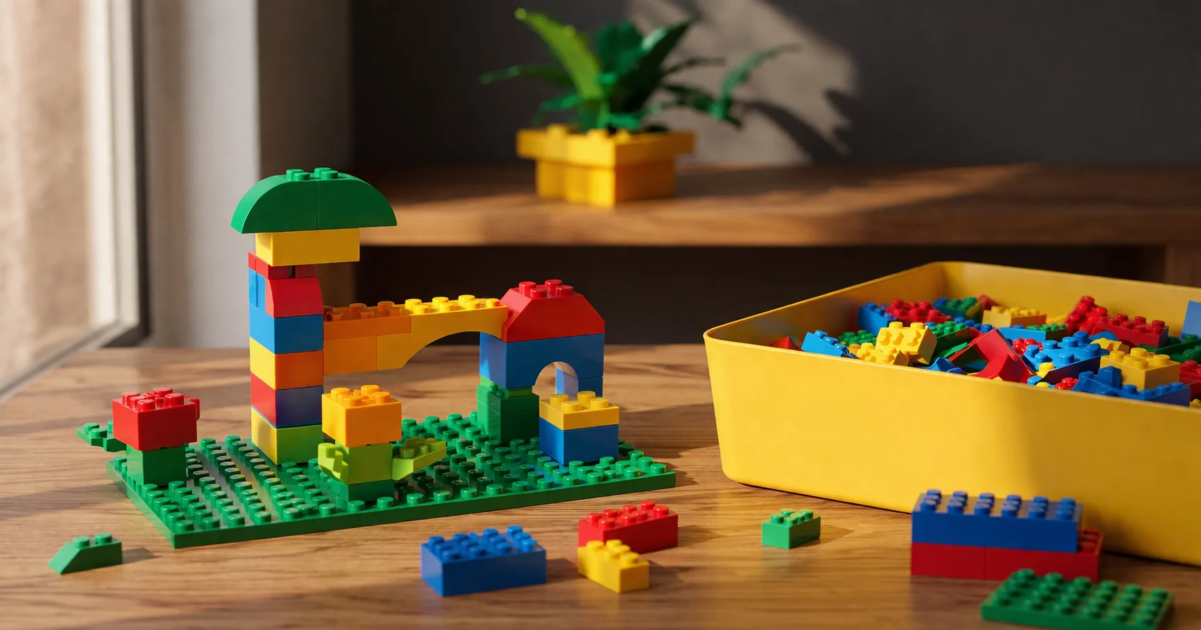 Assorted colorful building bricks and small finished models arranged on a table