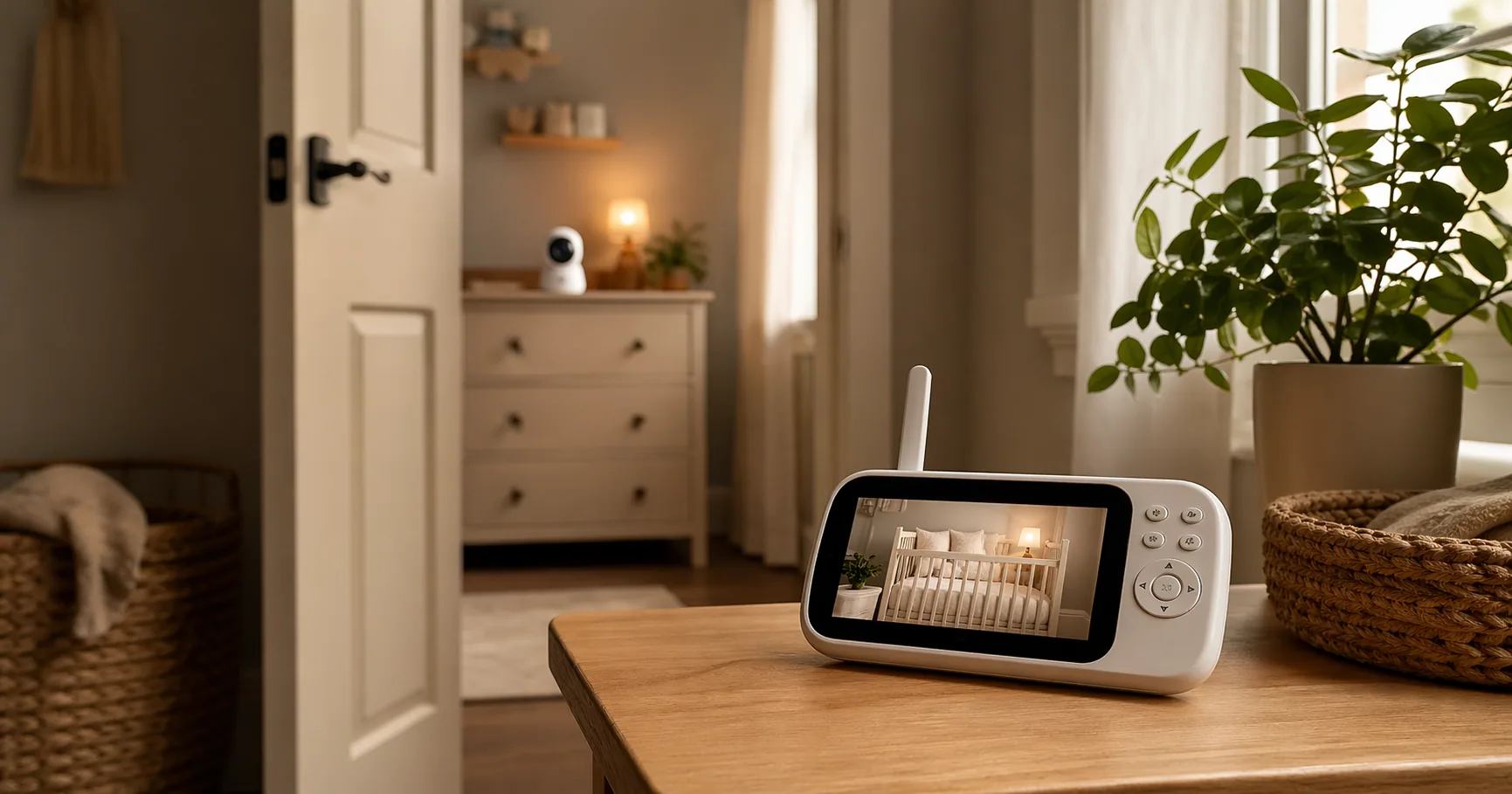 Long range baby monitor camera on a nursery shelf with the parent unit held in another room