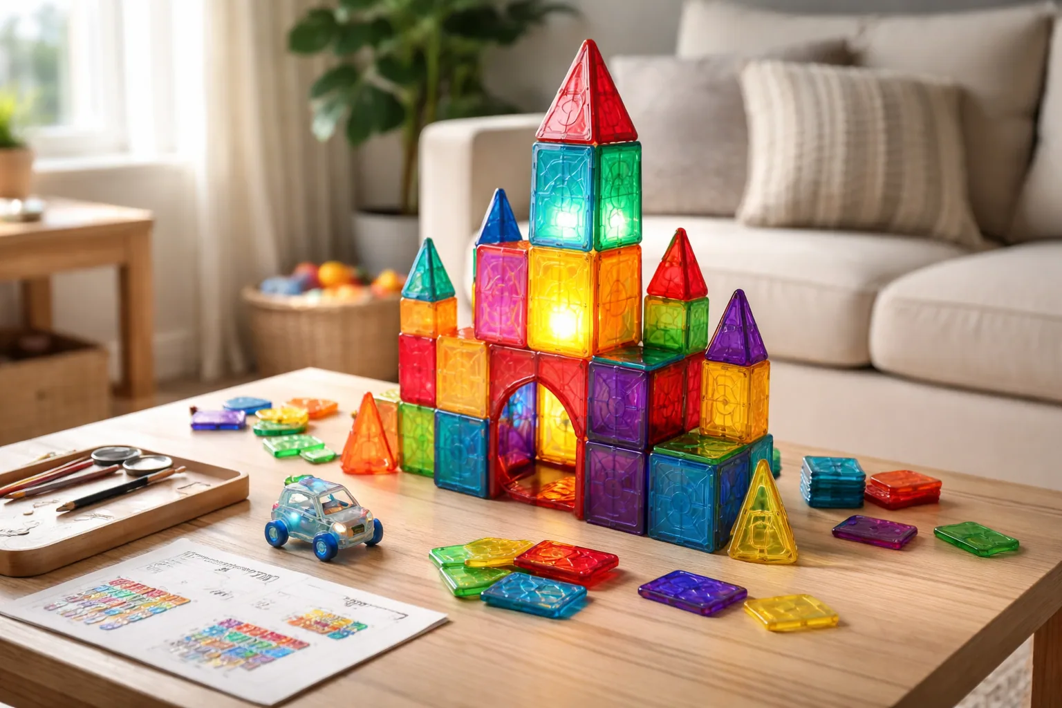 Colorful magnetic building tiles assembled into a structure by a child