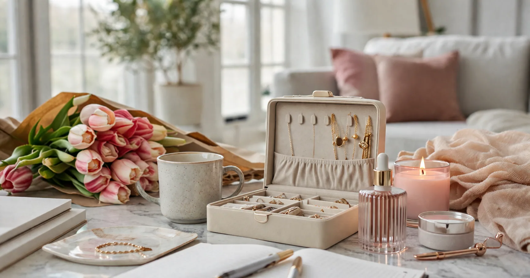 A selection of wrapped Mother's Day gifts arranged on a table with flowers