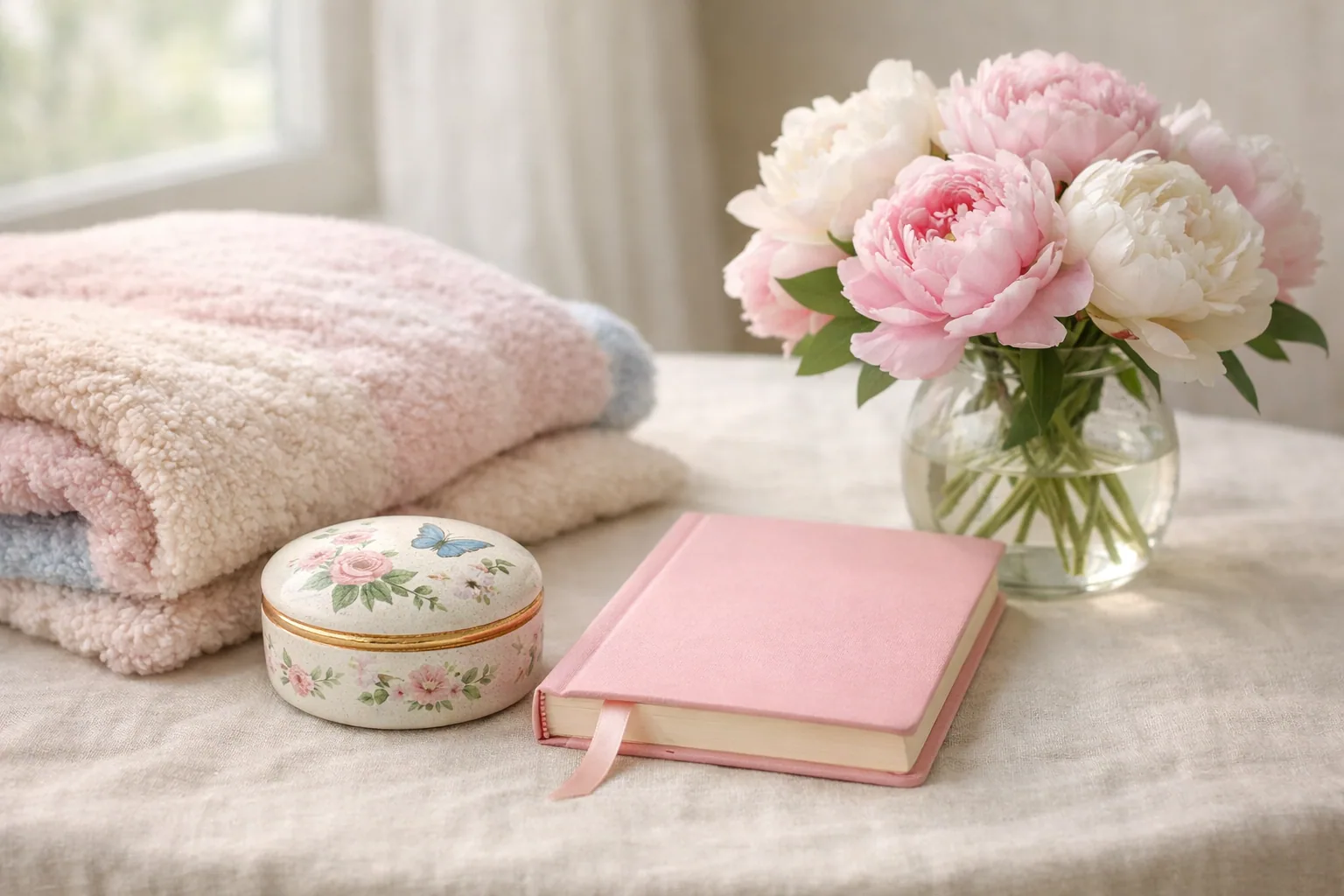 Five thoughtful Mother's Day gifts for grandma arranged on a soft background — keepsake box, garden stone, journal, blanket, and acrylic keepsake