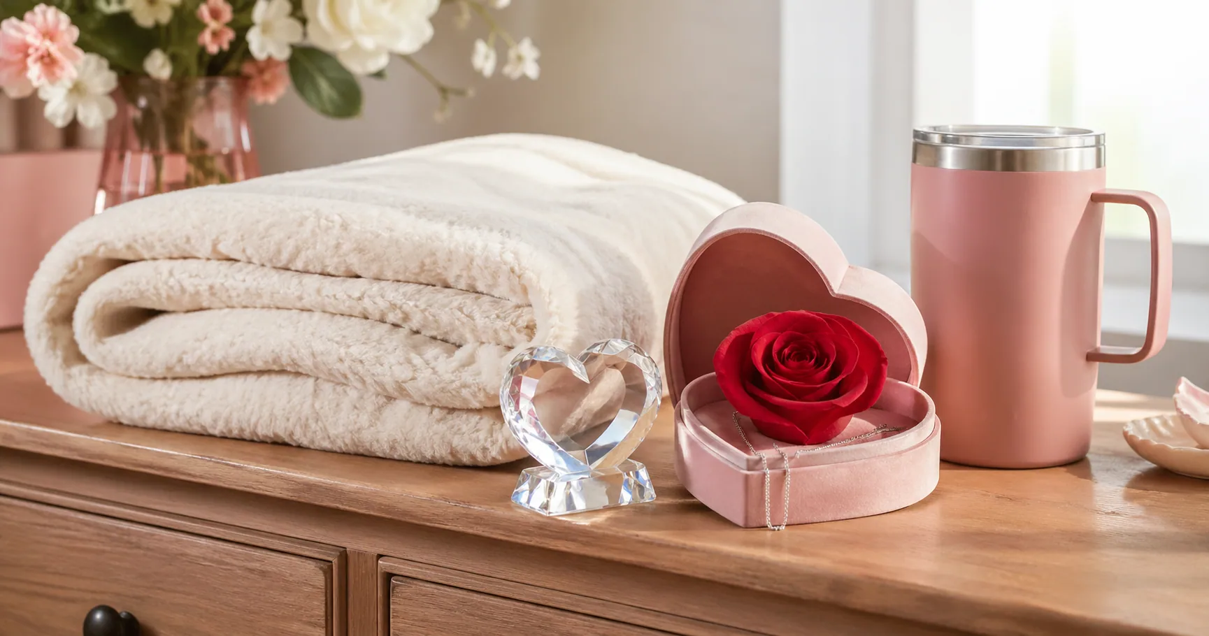 Mother's Day gift ideas for a wife including a cozy blanket, engraved keepsake, and tumbler
