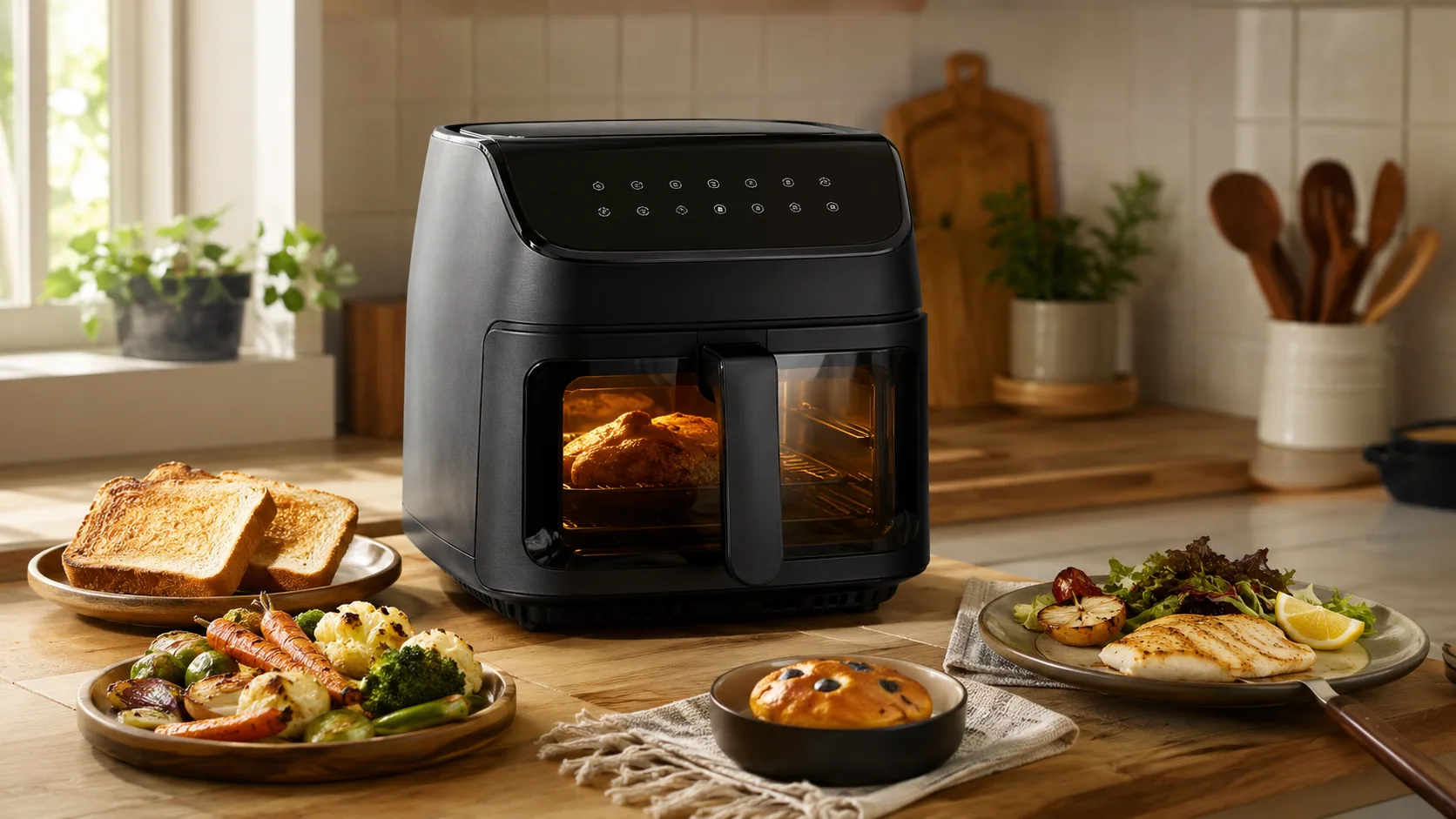 A multi-function air fryer on a kitchen counter surrounded by toast, roasted vegetables, and baked goods