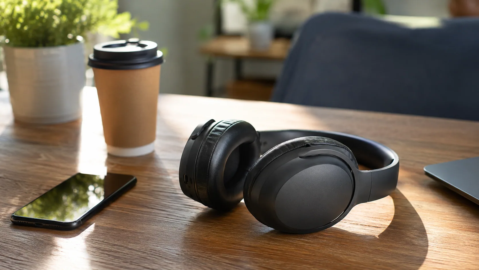 Affordable over-ear noise cancelling headphones on a desk beside a phone and a takeaway coffee cup