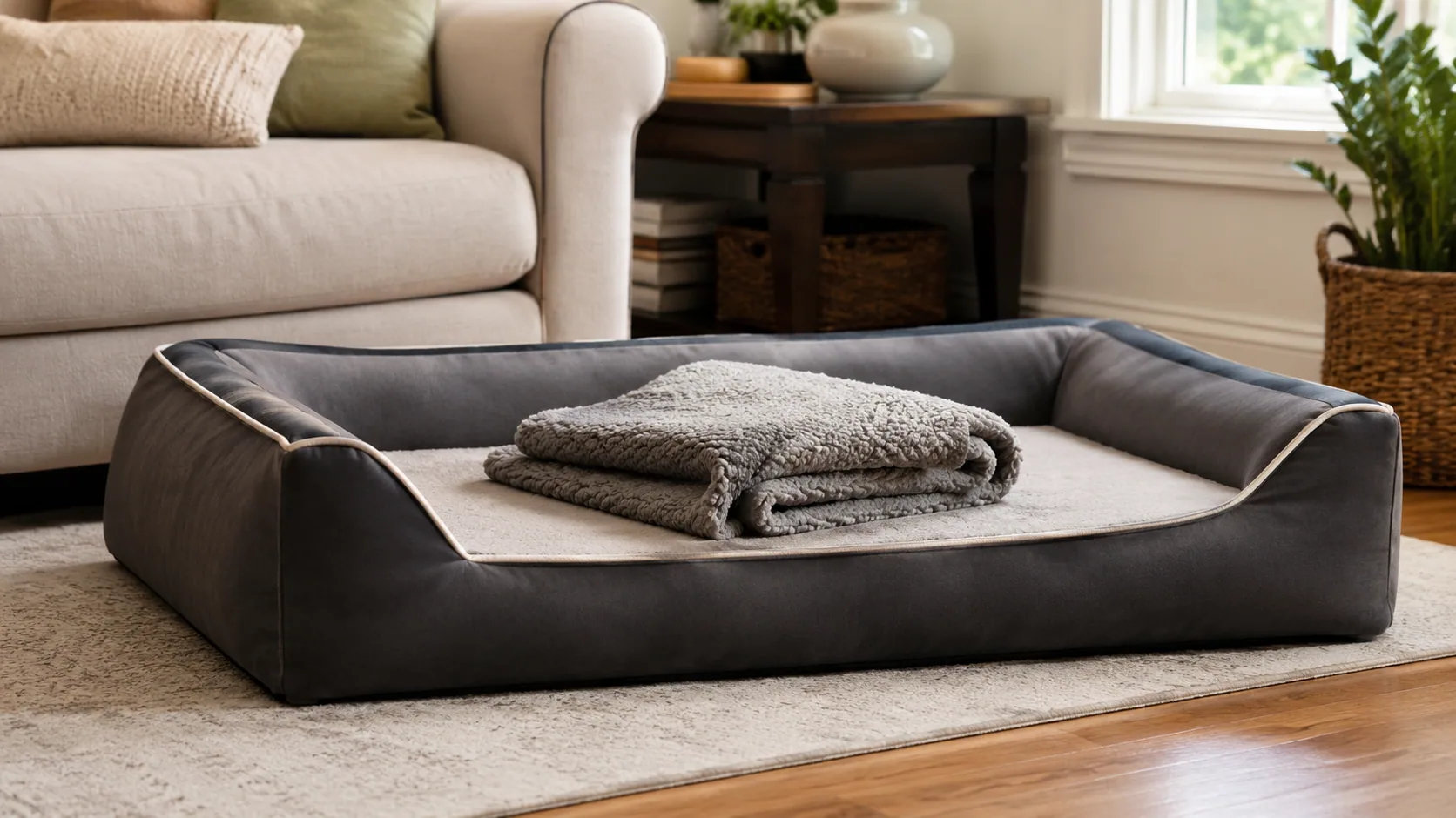 A large orthopedic dog bed in a sunny living room with a dog blanket resting on top