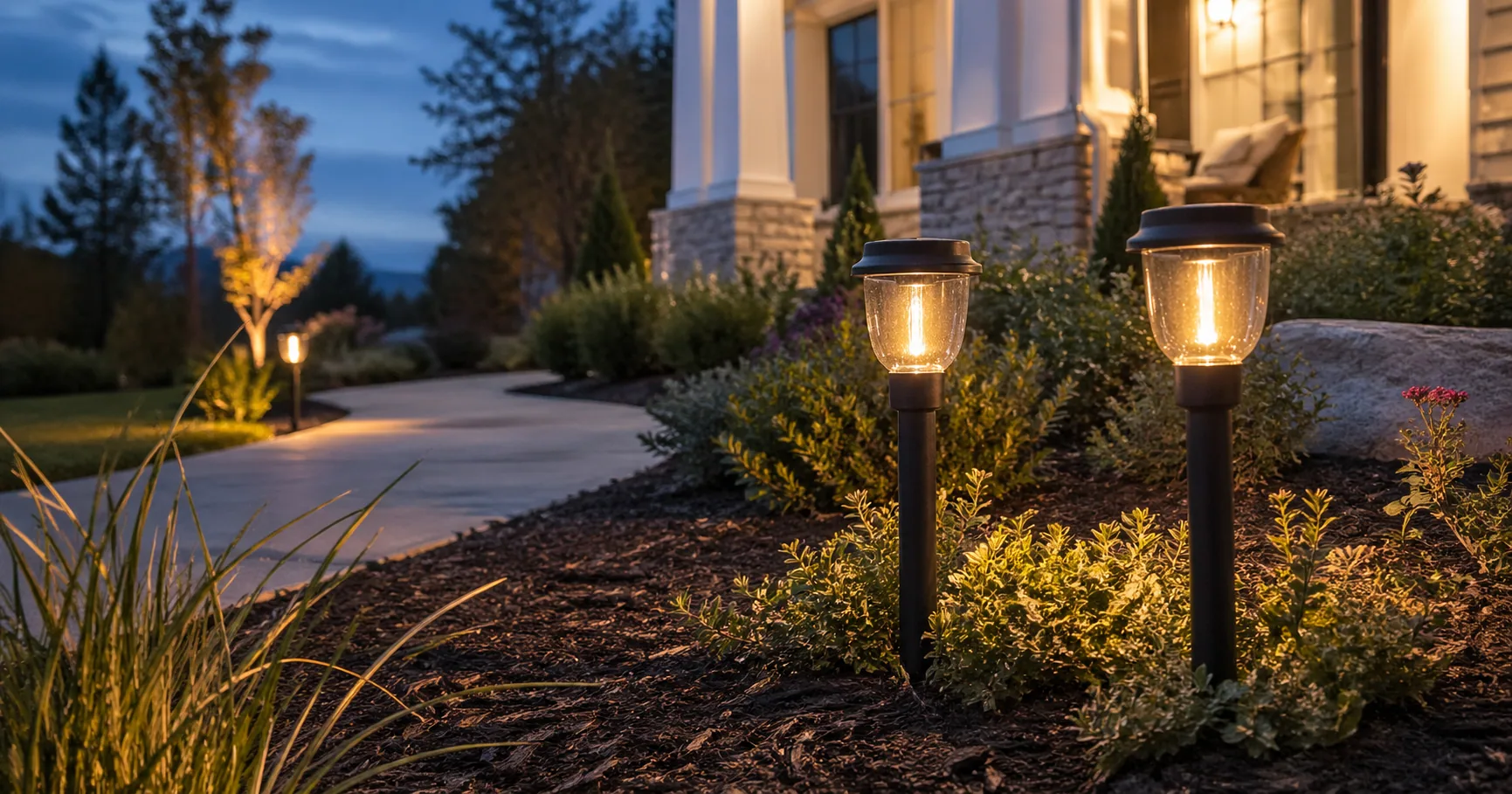 Solar pathway lights lining a garden walkway at dusk