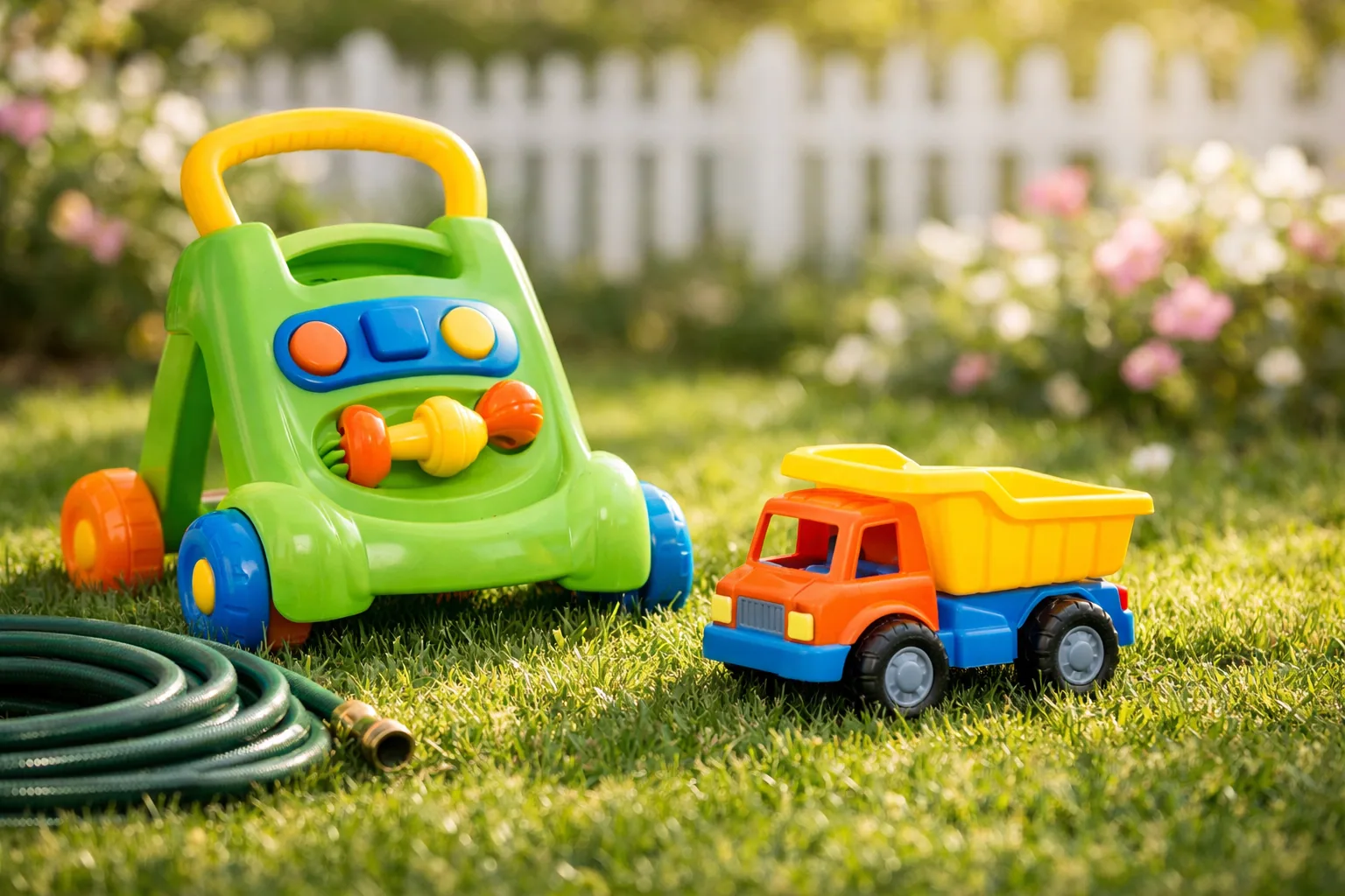 Five outdoor toddler toys on grass — splash pad, bubble mower, dump trucks, scooter, and golf set