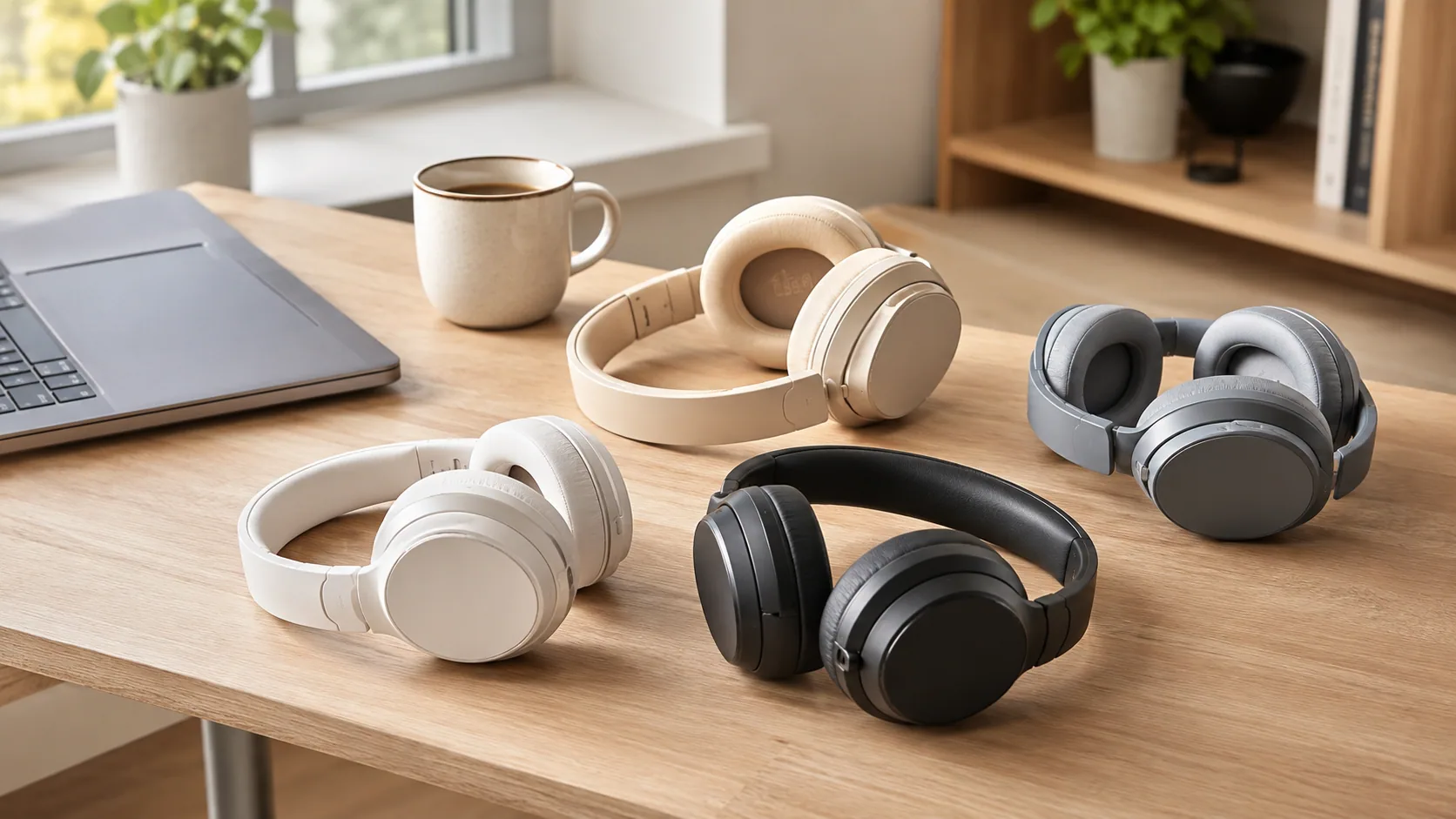 Several over-ear noise cancelling headphones arranged on a wooden desk in a quiet home office