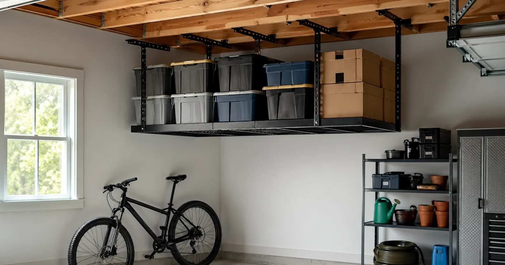 Overhead ceiling-mounted storage rack holding bins above a garage