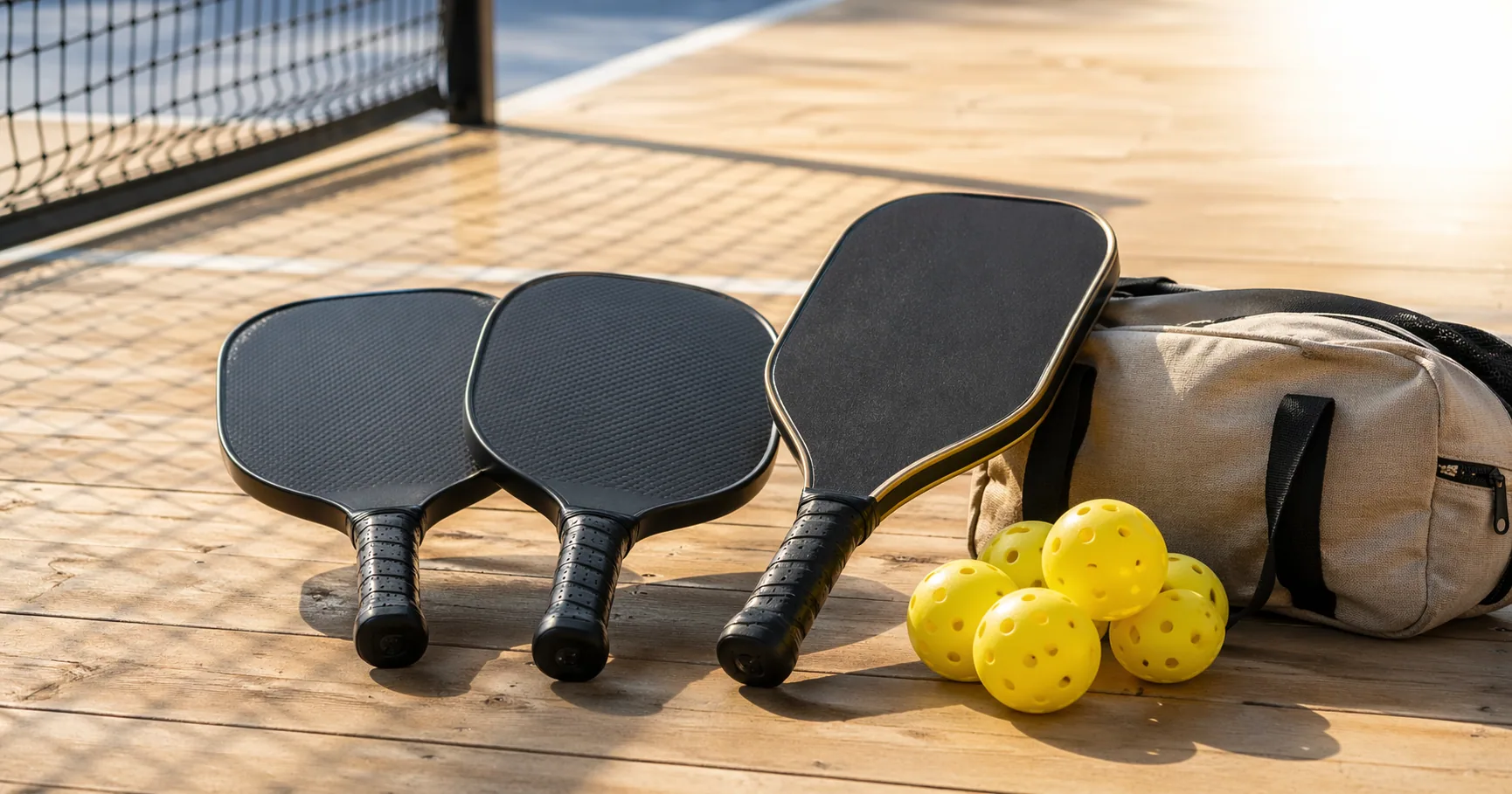 Five USAPA-approved pickleball paddles and a ball arranged on an outdoor court