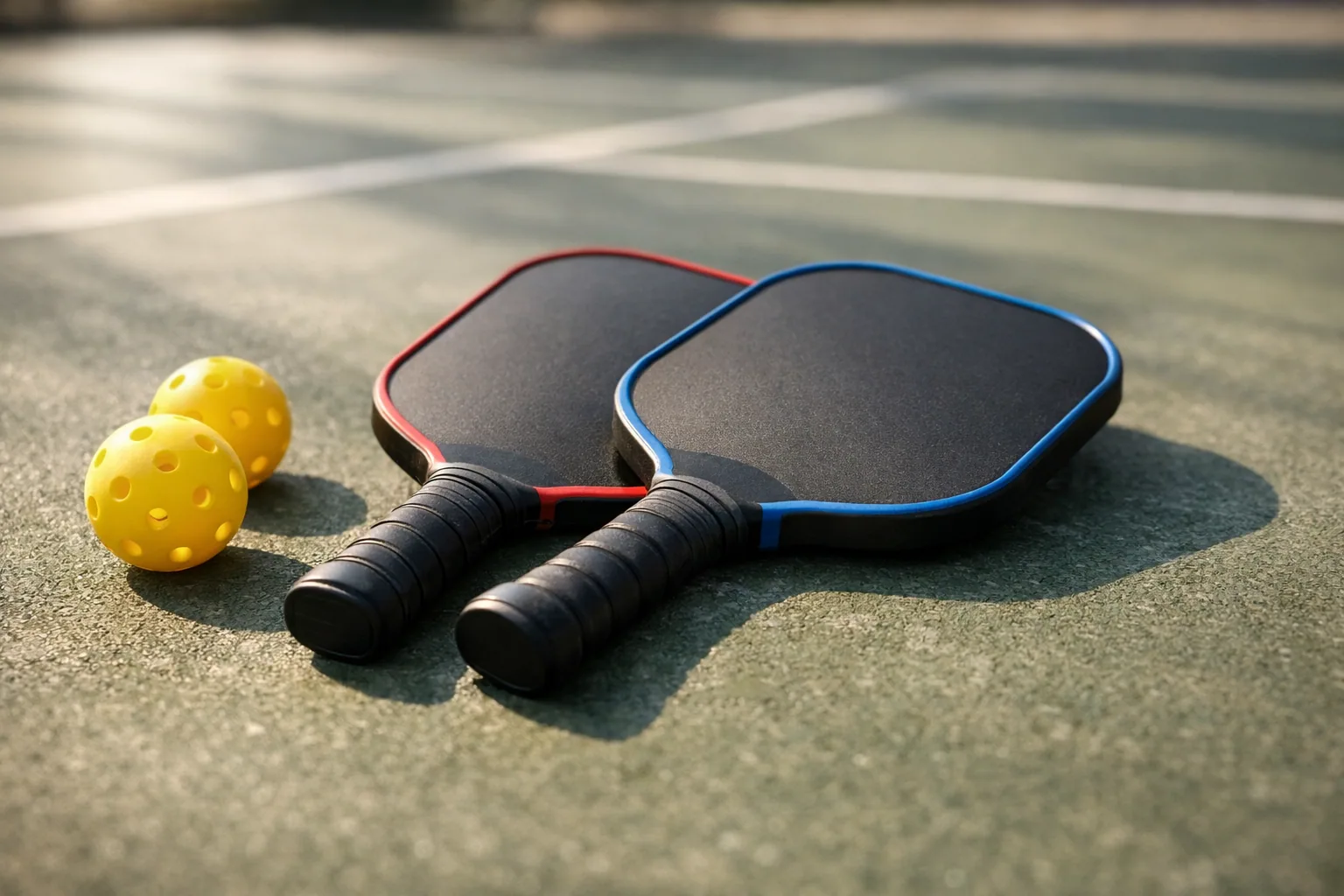 Five pickleball paddles fanned out on an outdoor court