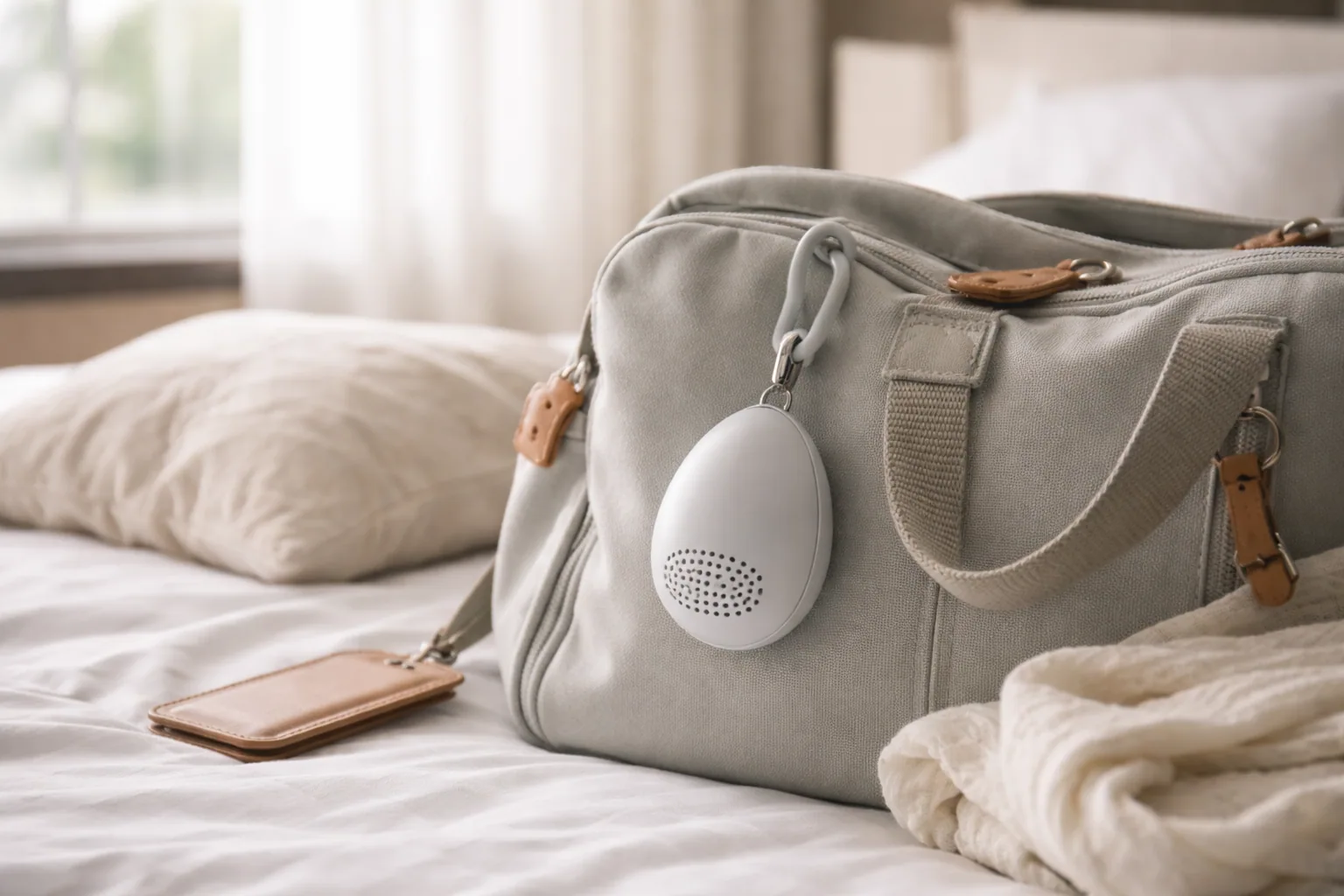 Compact portable white noise machine clipped to a stroller next to a packed travel bag