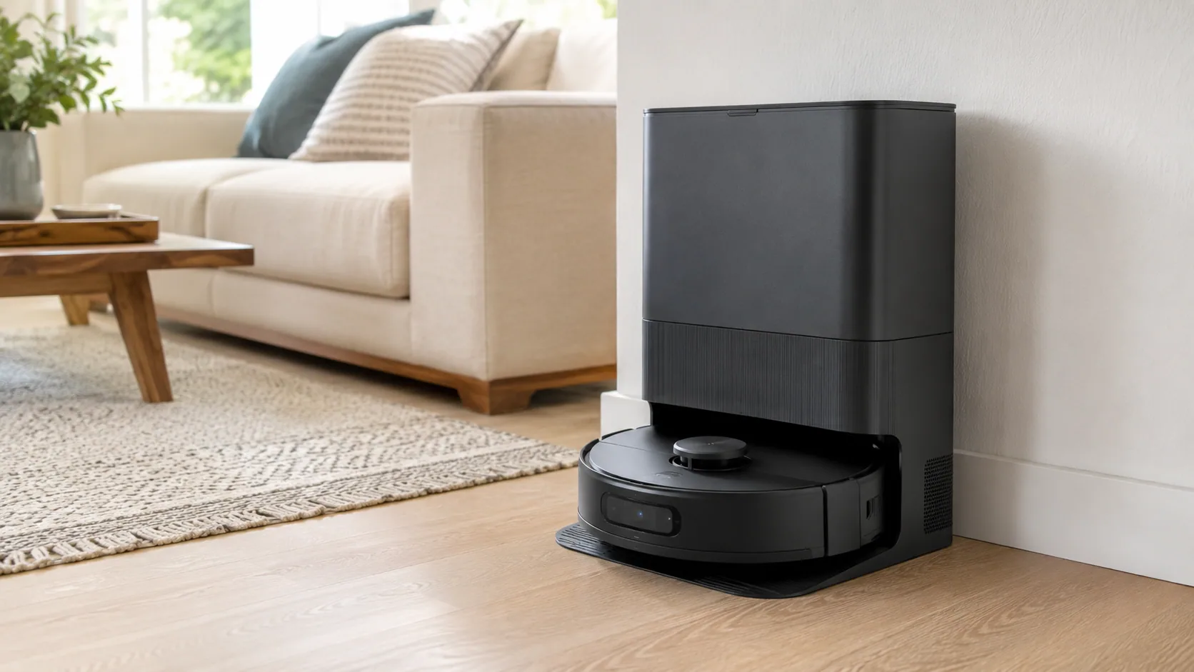 A self-emptying robot vacuum docked at its base station on a hardwood living room floor