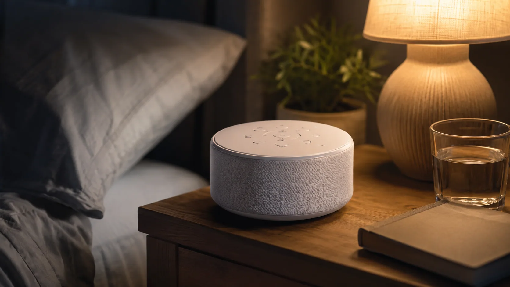 A small white-noise sound machine on a nightstand beside a lamp and a book in a dim bedroom