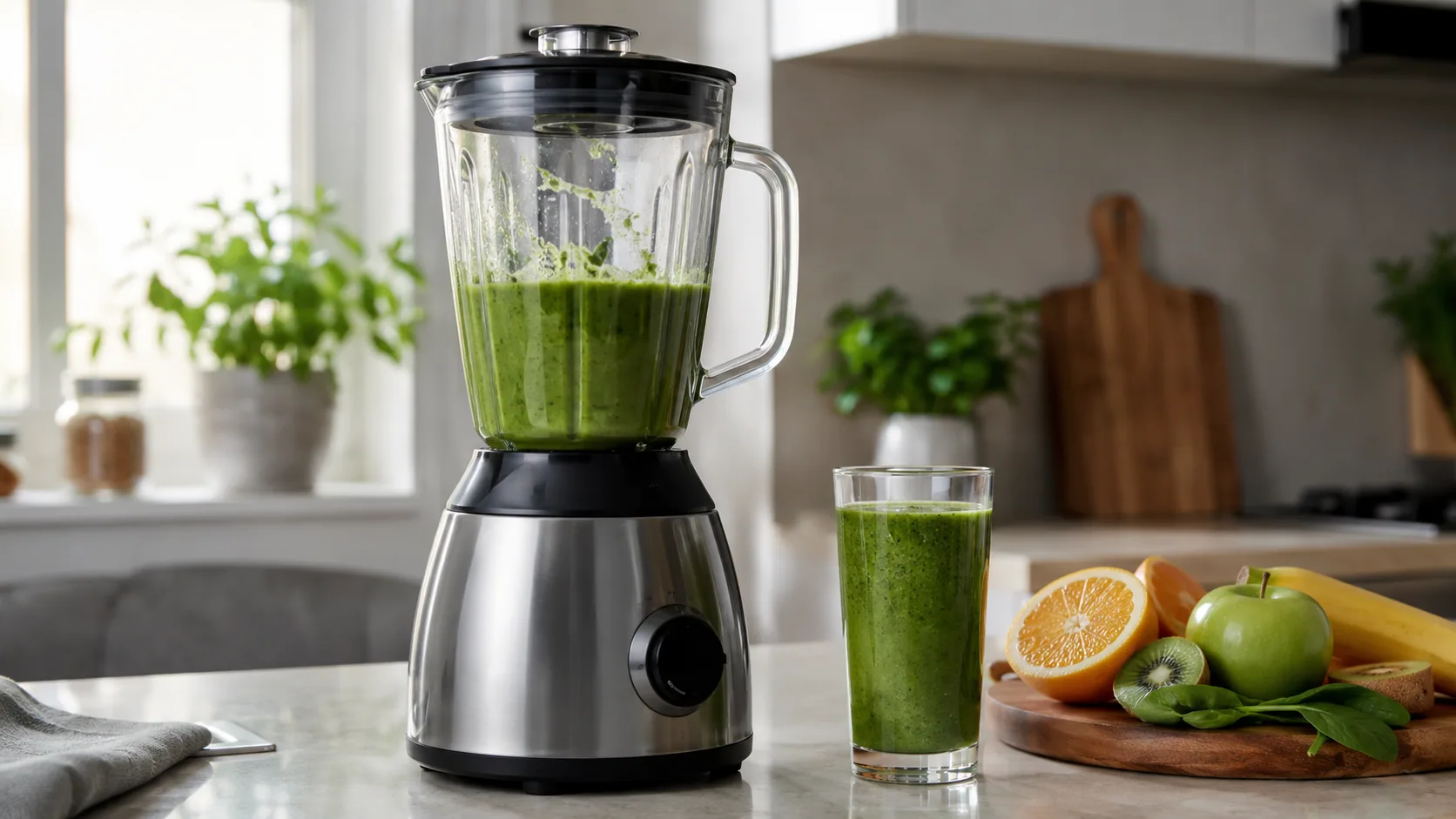 A smoothie blender on a kitchen counter beside a glass of green smoothie and fresh fruit