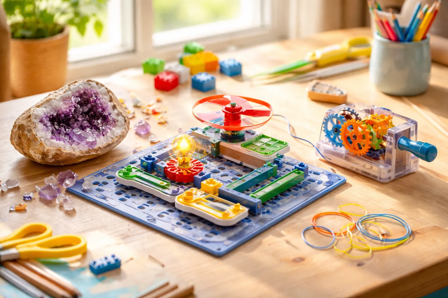 STEM toys for kids 8 to 12 including an electronics kit, a marble logic puzzle, and a 3D pen on a table