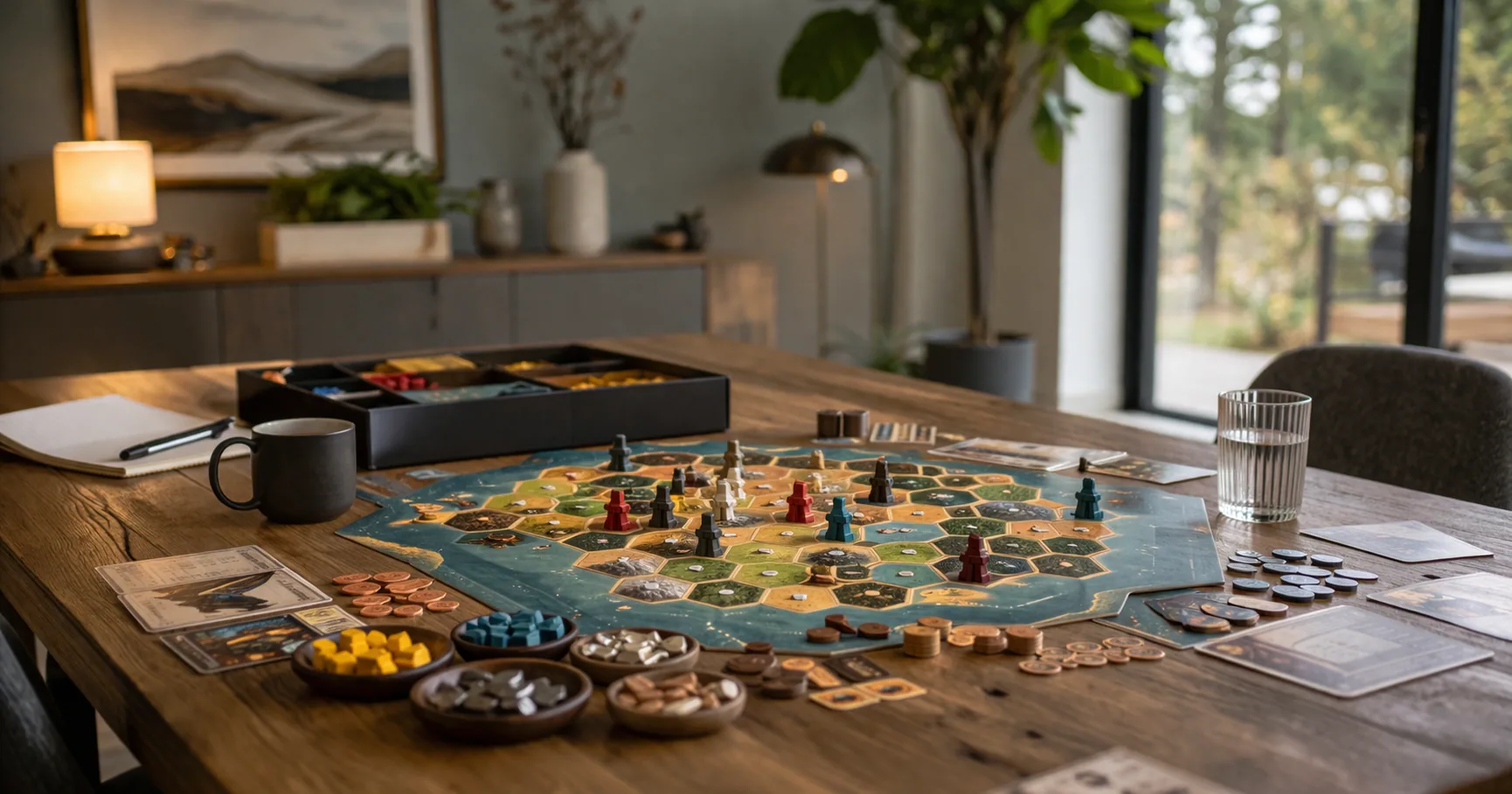 A strategy board game set up on a table with pieces and cards mid-game
