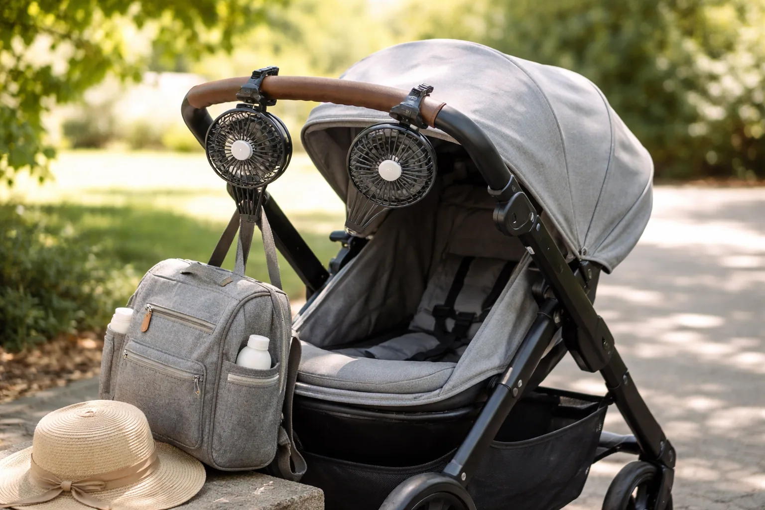 A small clip-on fan with a flexible tripod wrapped around a stroller bar outdoors